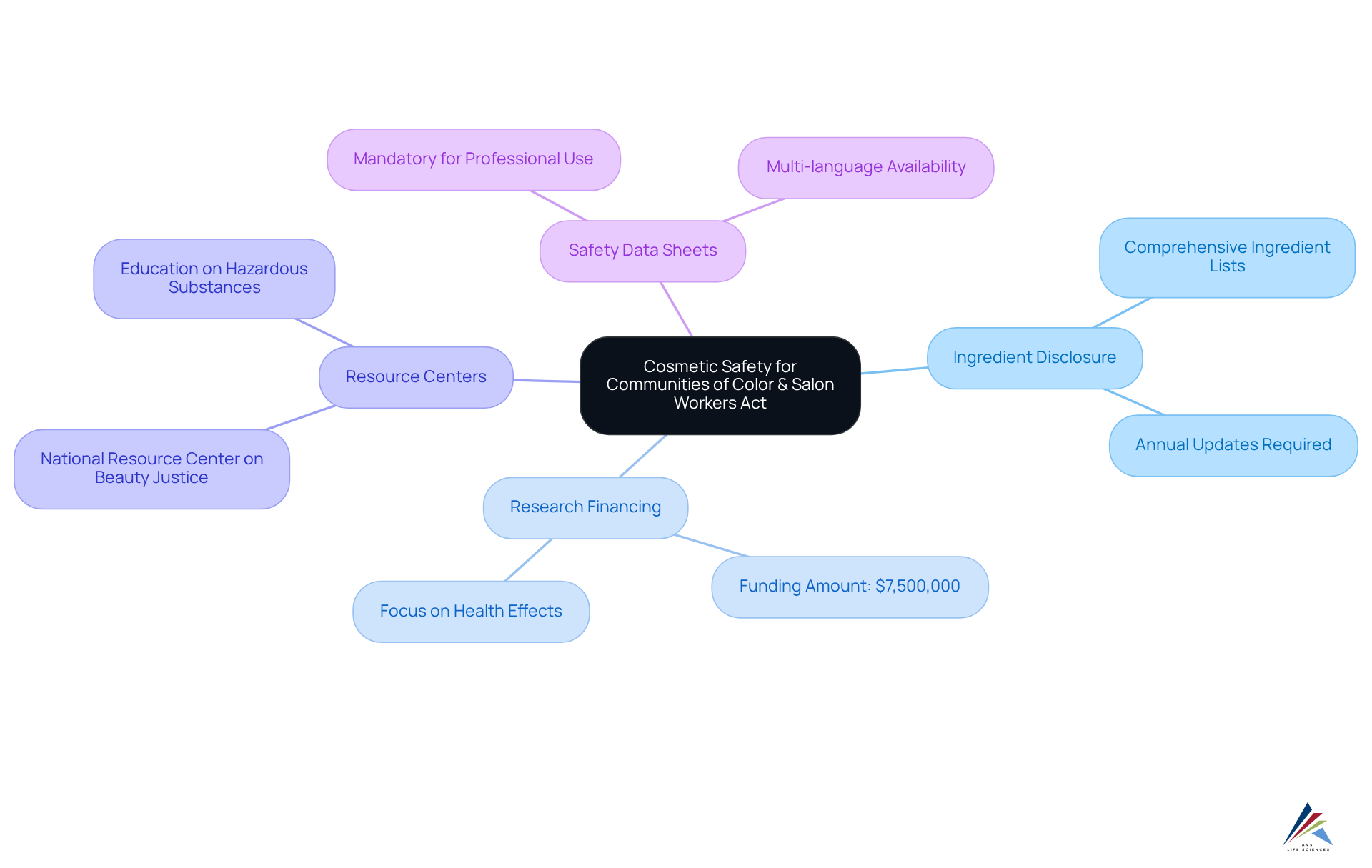 The central node represents the act itself, and the branches show the main objectives. Each further branch gives more details about what those objectives entail. This layout helps you see how everything connects and emphasizes the importance of each part in promoting safety and equity.