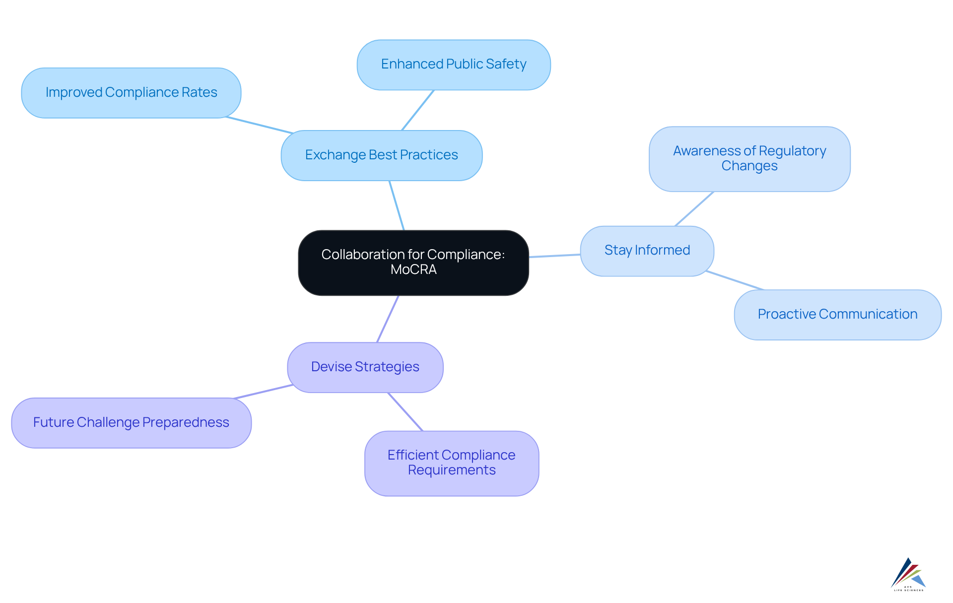 The center shows the main idea of collaboration. Follow the branches to see specific actions and benefits that arise from working together with regulatory bodies.