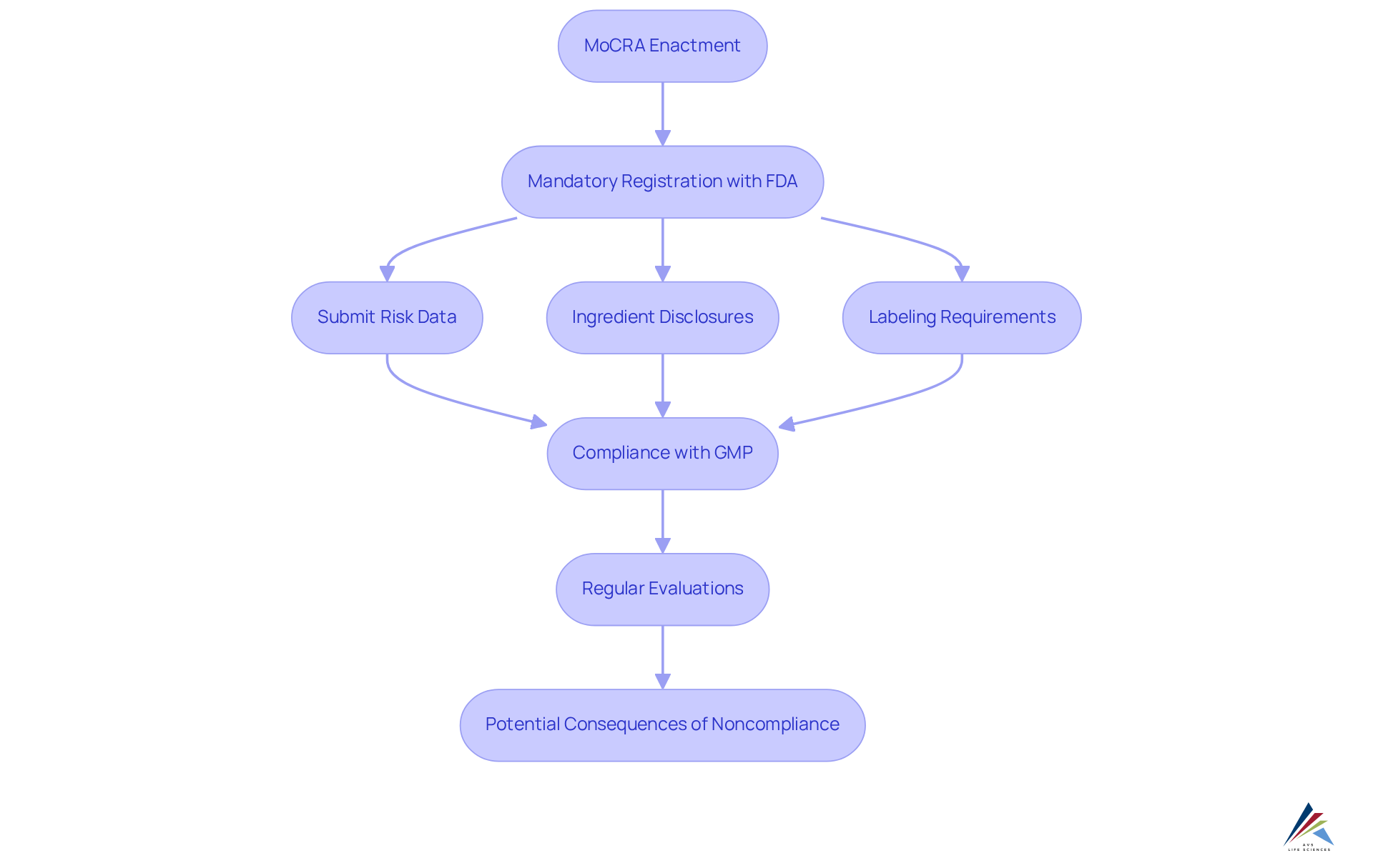 Each box represents a step in the compliance journey for cosmetics companies — follow the arrows to see how each step connects and the actions required to meet the new regulations.