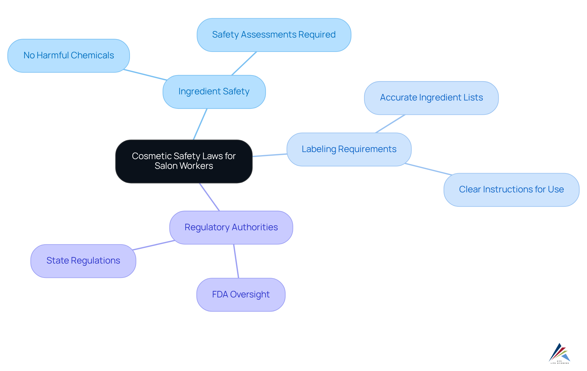 The central node shows the main topic, while branches represent key regulations. Each sub-branch provides specific details, helping salon workers understand their responsibilities regarding safety and compliance.