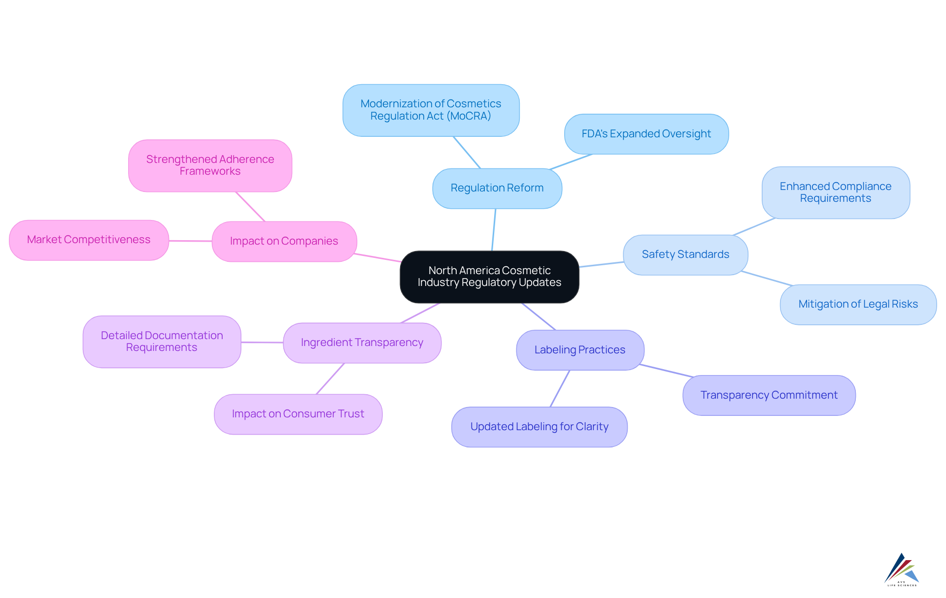 The central node represents the main topic of regulatory updates. Each branch highlights a key area affected by these updates, with sub-branches offering more details on actions and implications for companies in the cosmetic industry.