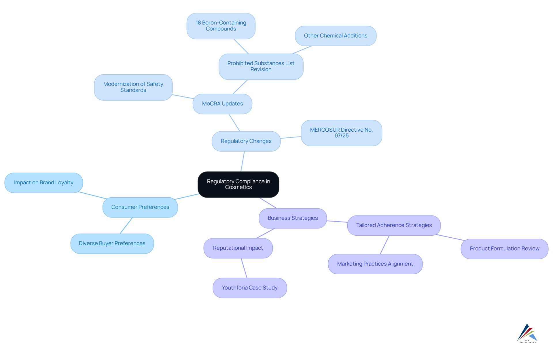 The center represents the main theme of regulatory compliance, with branches showing how consumer preferences and regulatory changes influence business strategies. Each sub-branch details specific strategies or outcomes, illustrating the connections in a visually engaging way.