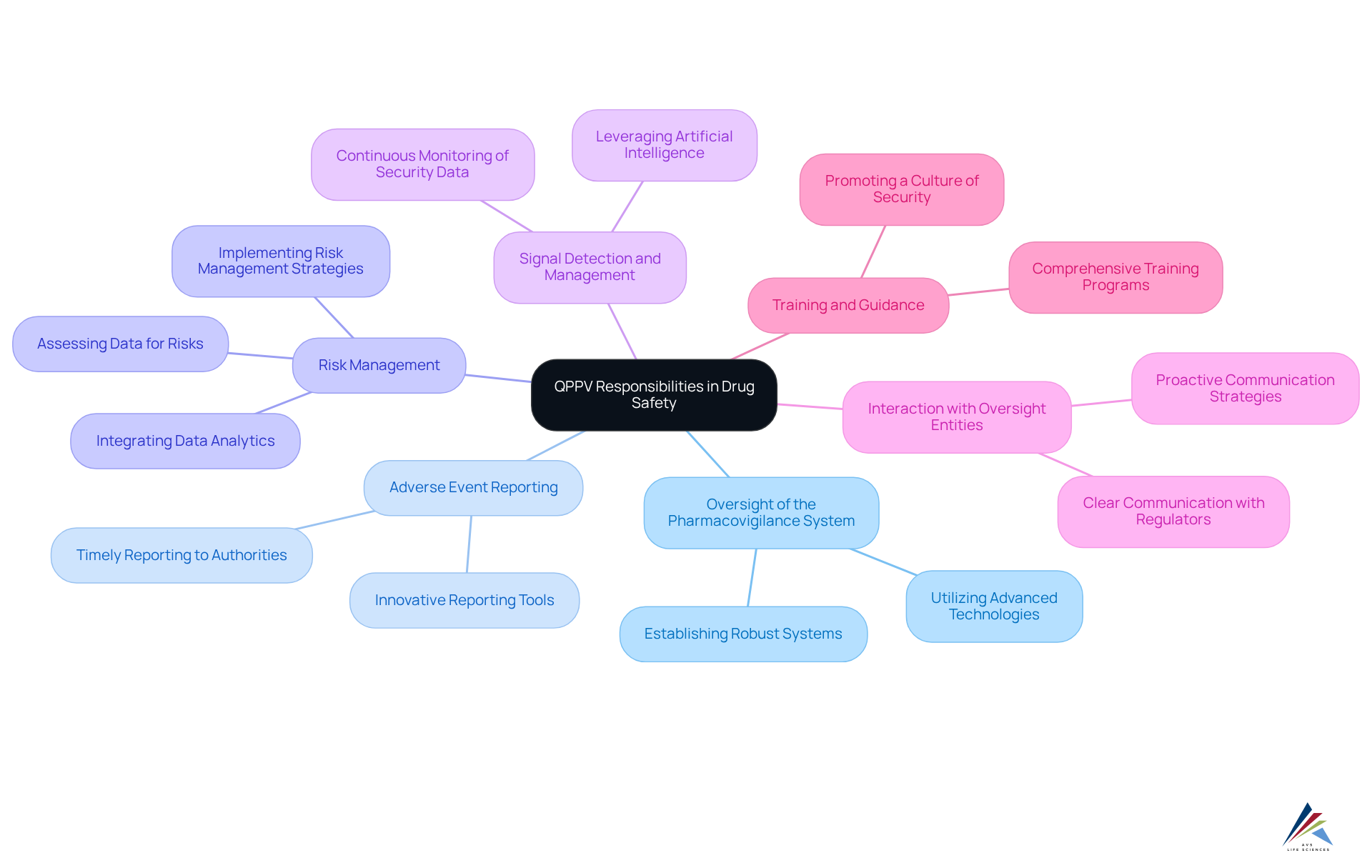 The center represents the QPPV's overarching role, while each branch shows a specific responsibility. The sub-branches provide more detail about each duty and highlight tools or strategies used.