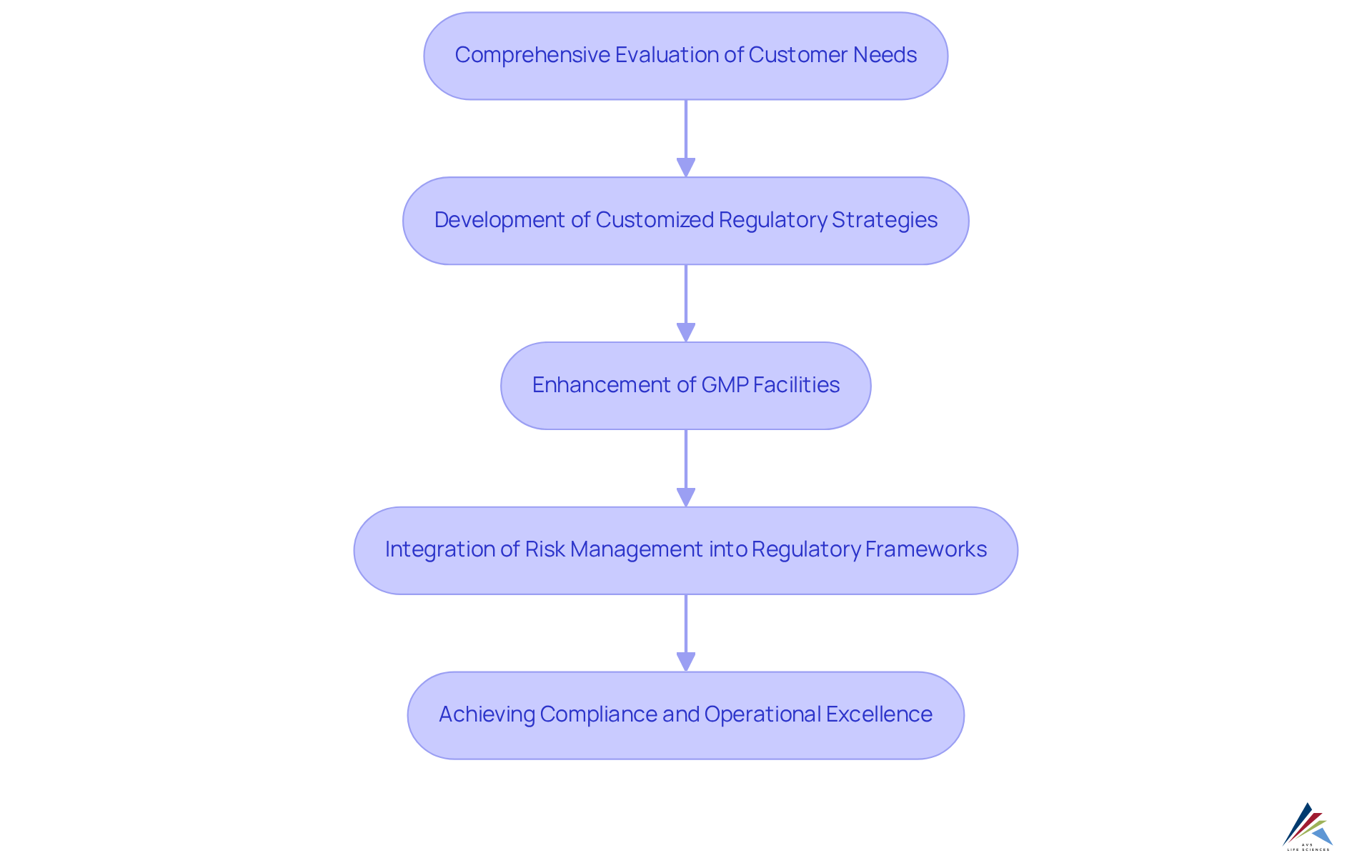 Each box represents a critical step in AVS Life Sciences' consulting process. Follow the arrows to see how they assess needs, develop strategies, enhance facilities, integrate risk management, and achieve compliance.