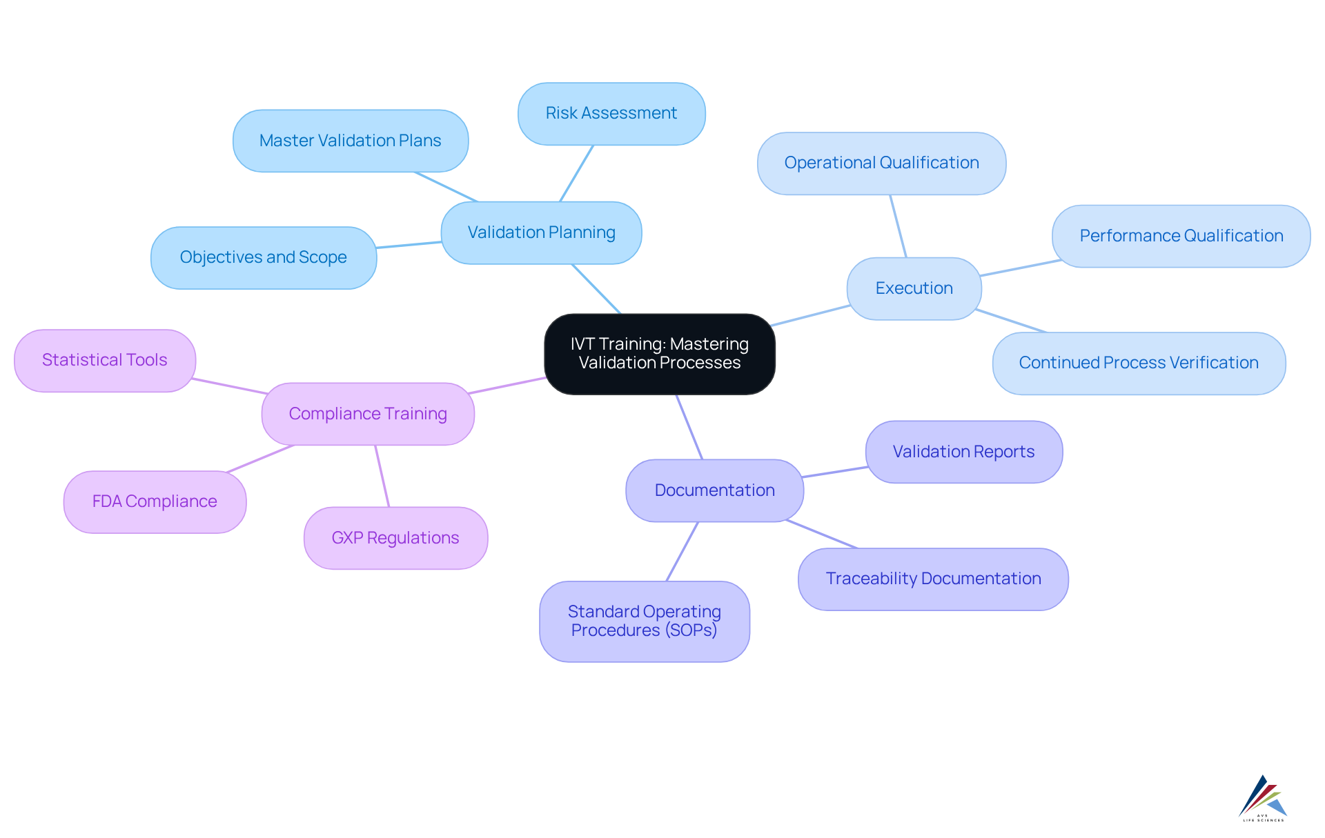The center represents the main training focus, with branches showing the key aspects of validation processes and how they interconnect. Each branch highlights specific areas of training, illustrating the comprehensive nature of the programs offered.