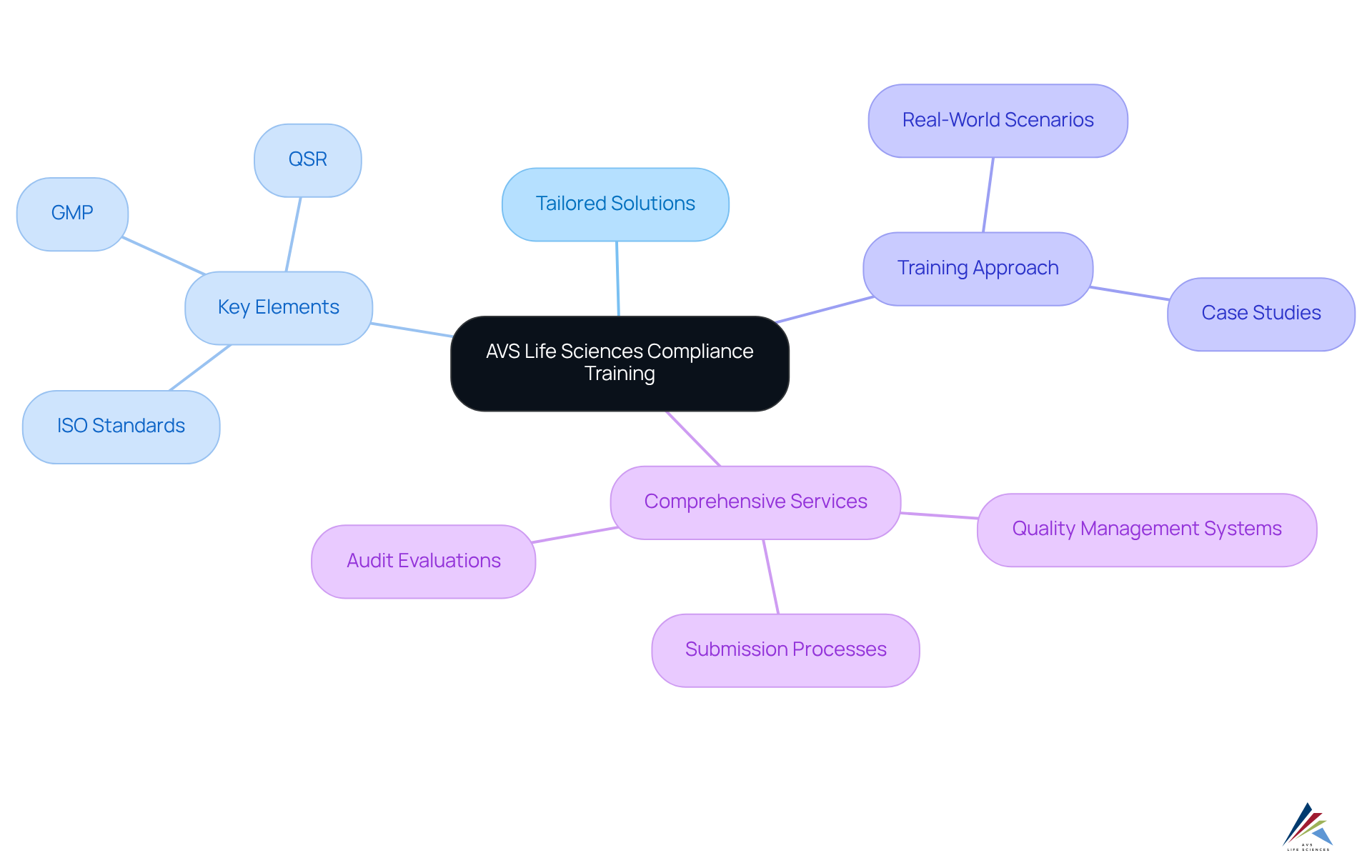The central node represents the training program, with branches showing key aspects like tailored solutions and services. Each branch details specific topics, helping you see how everything connects.