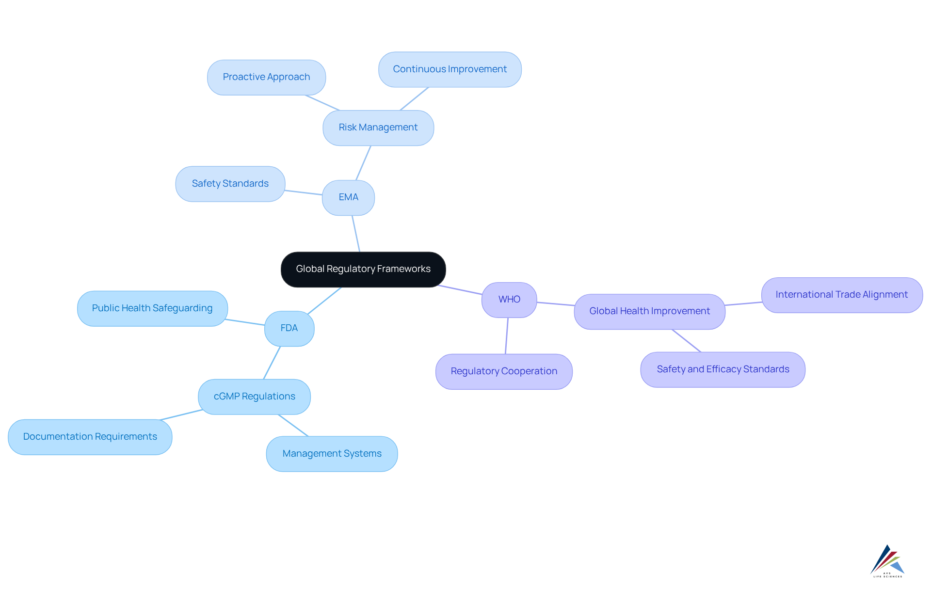 The central node represents the overall theme of regulatory frameworks. Each branch represents a different organization, and the sub-nodes explain their specific GMP standards and focuses. This visual helps you understand the distinct roles and requirements of each regulatory body.