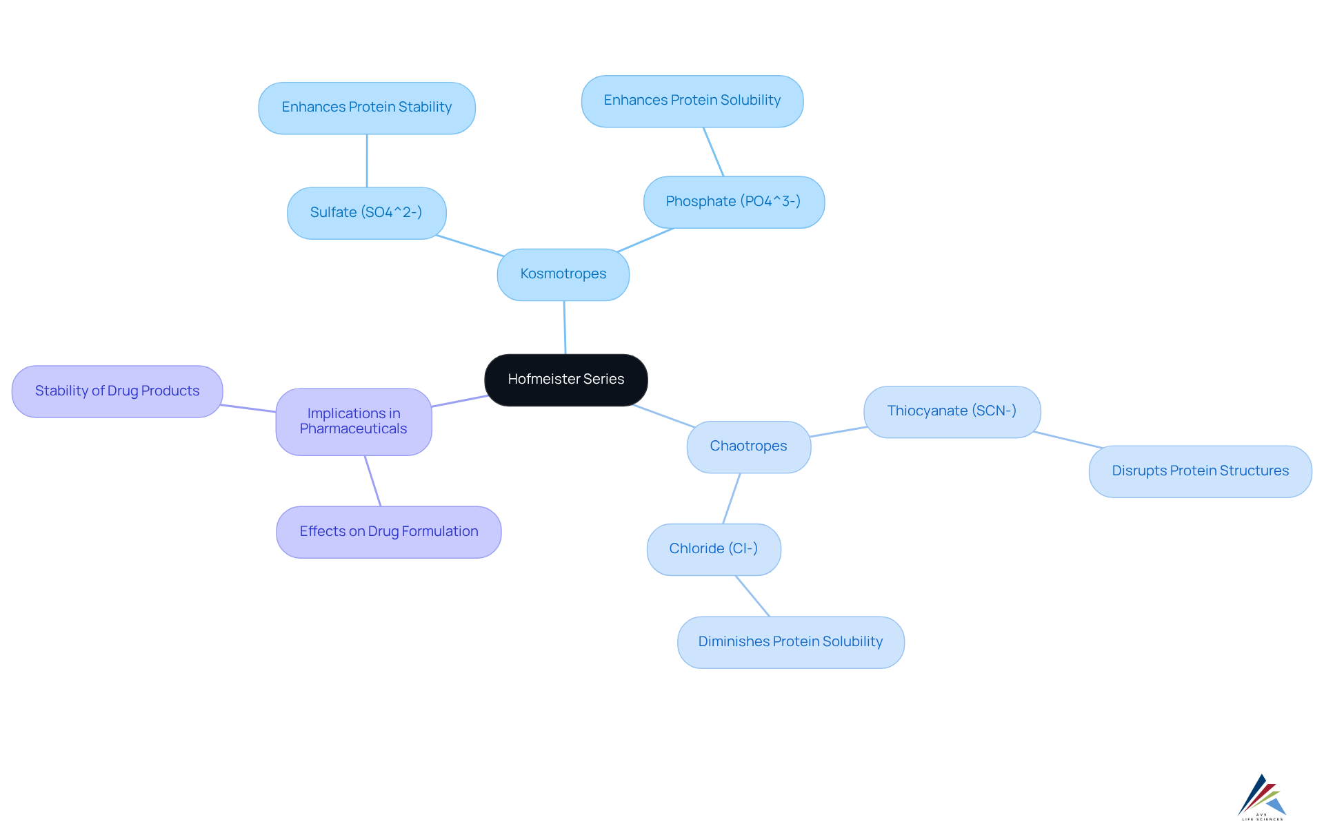 This mindmap starts with the Hofmeister Series at the center. Branches extend to show the two types of particles — kosmotropes, which stabilize proteins, and chaotropes, which disrupt them. Each specific example is connected to its effects on drug formulation, making it easier to see how these classifications influence pharmaceutical stability. This mindmap starts with the Hofmeister Series at the center. Branches extend to show the two types of particles — kosmotropes, which stabilize proteins, and chaotropes, which disrupt them. Each specific example is connected to its effects on drug formulation, making it easier to see how these classifications influence pharmaceutical stability.
