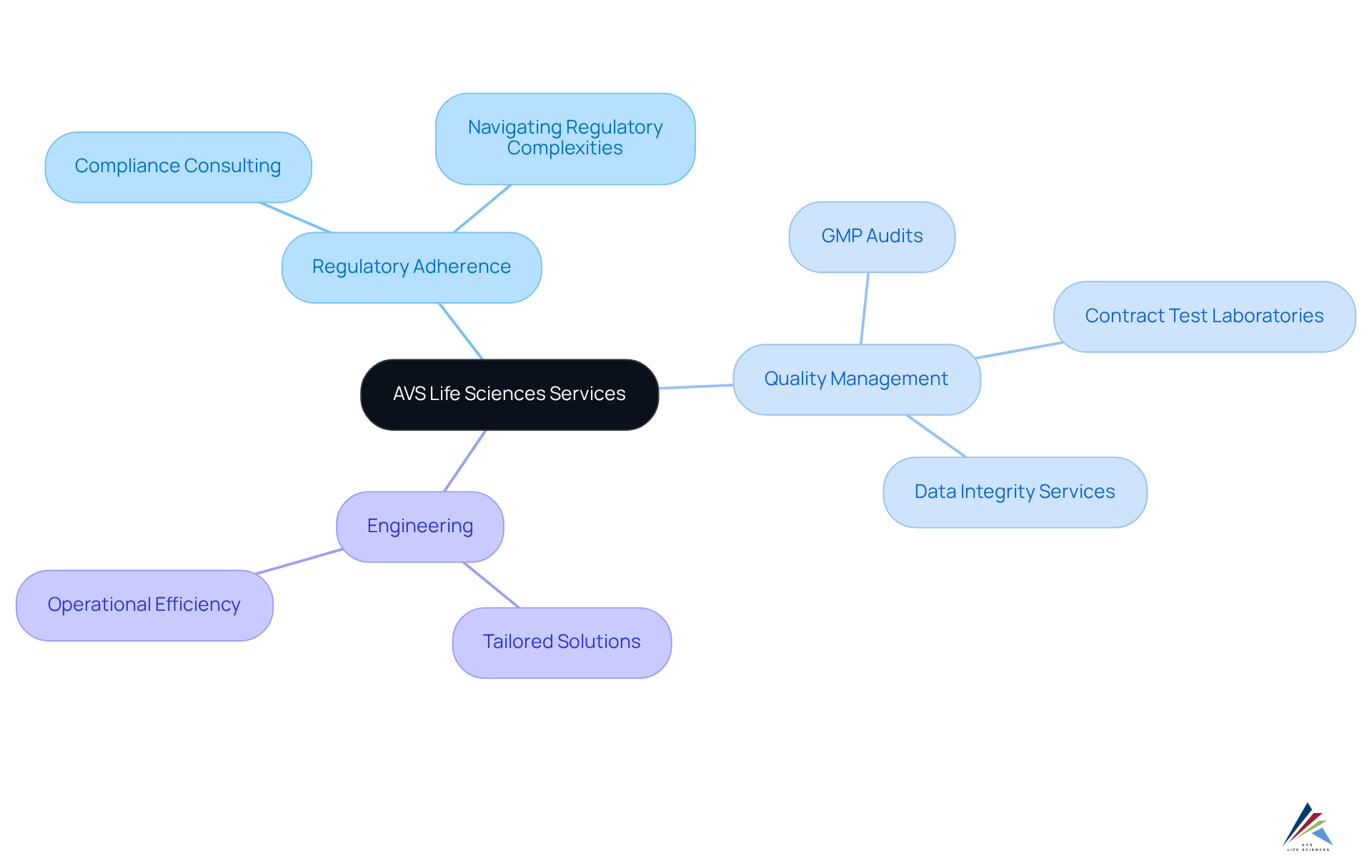 The center shows AVS Life Sciences' focus, with branches indicating key areas of service and their specific offerings. Explore each branch to understand how AVS supports pharmaceutical companies.