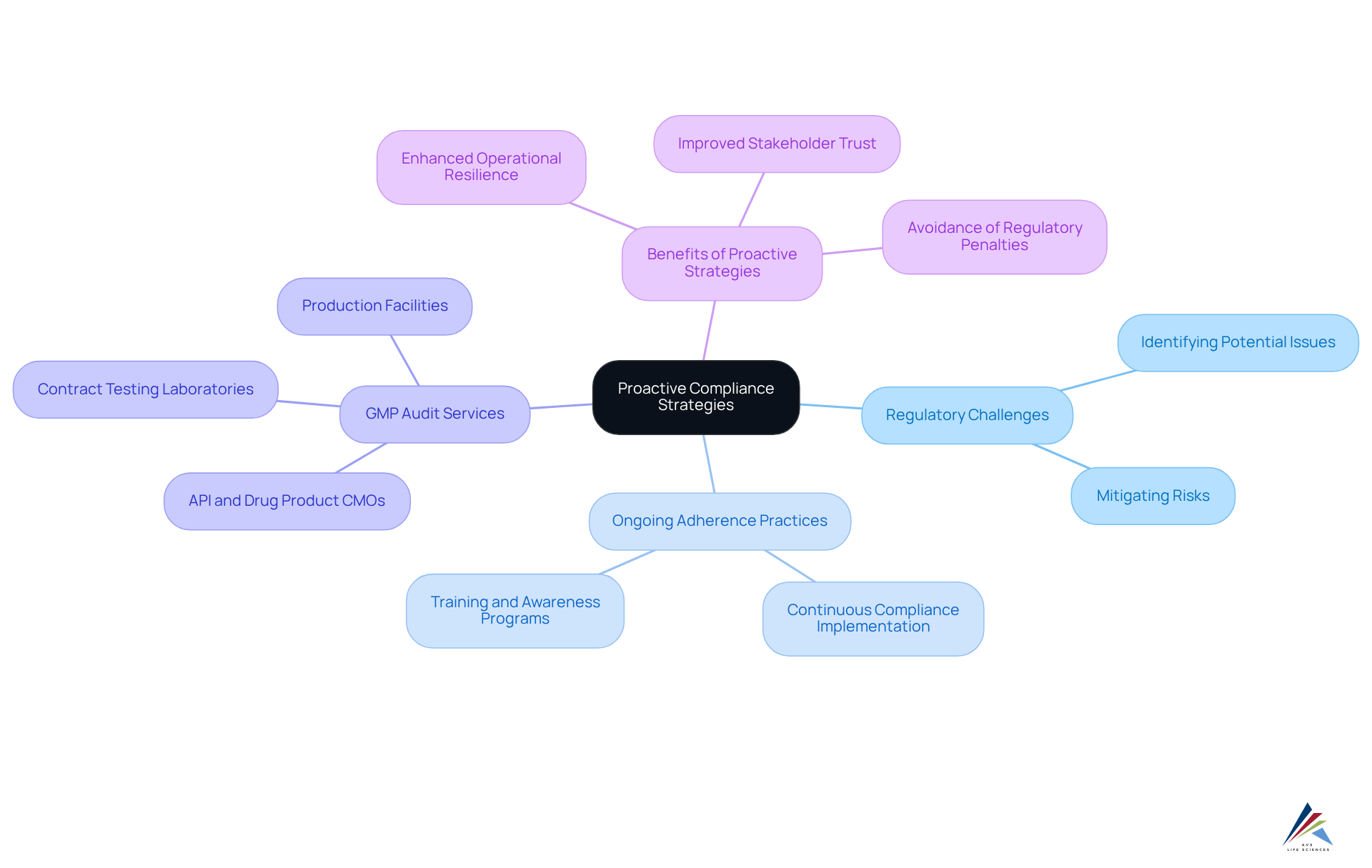The center shows the main focus area. Branch out to see different strategies and their specific elements, helping you understand how AVS Life Sciences supports organizations in managing regulatory risks.