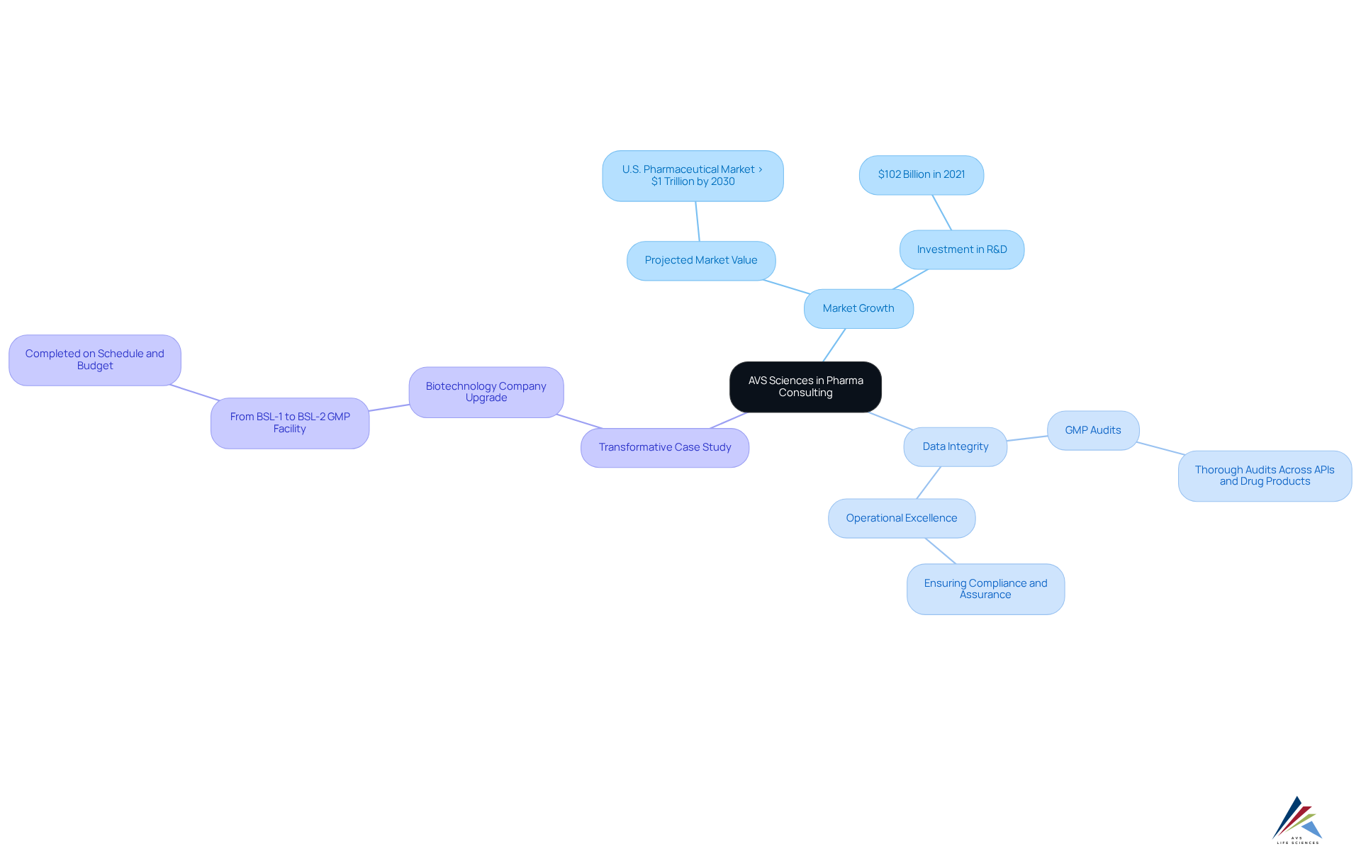 The center shows AVS Sciences' role, while branches represent key areas of focus. Explore each branch to understand how AVS addresses market needs and compliance challenges in the pharmaceutical industry. The center shows AVS Sciences' role, while branches represent key areas of focus. Explore each branch to understand how AVS addresses market needs and compliance challenges in the pharmaceutical industry.