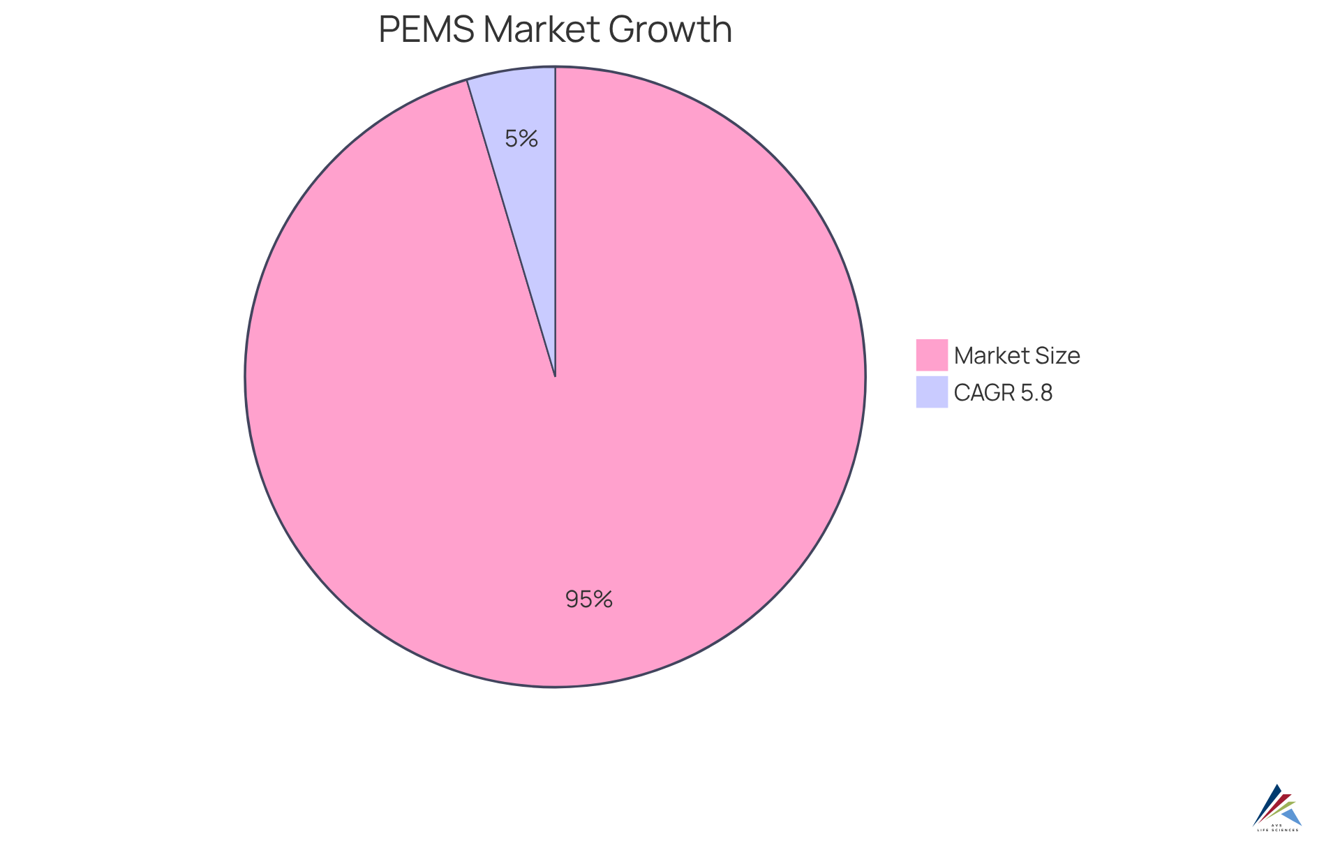 This chart shows the expected growth of the PEMS market by 2030. The larger slice represents the total projected market size, while the CAGR indicates how quickly the market is expected to grow each year.