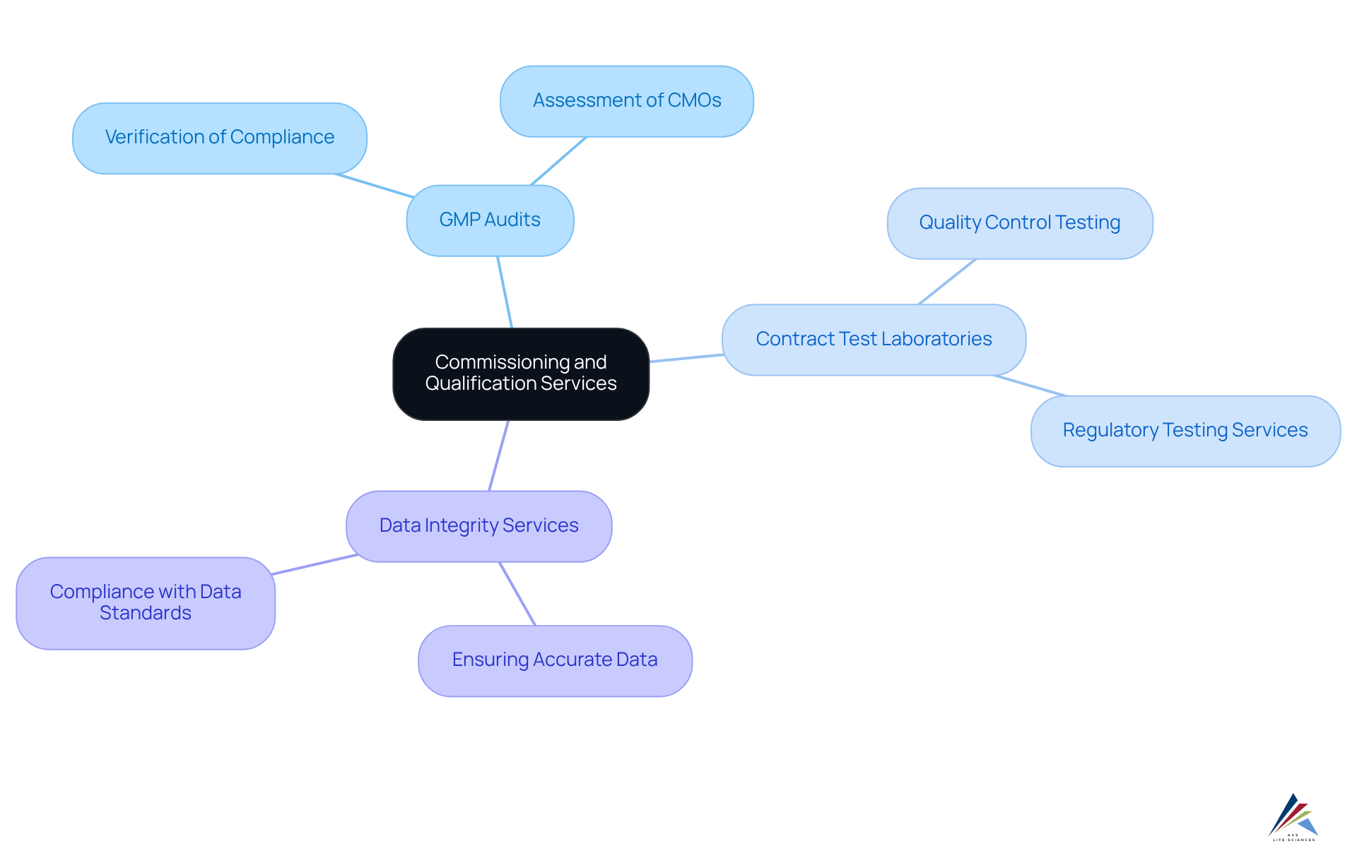 At the center is the main theme of services ensuring compliance. Each branch represents a specific service, showing how they collectively support regulatory adherence in pharmaceuticals. At the center is the main theme of services ensuring compliance. Each branch represents a specific service, showing how they collectively support regulatory adherence in pharmaceuticals.