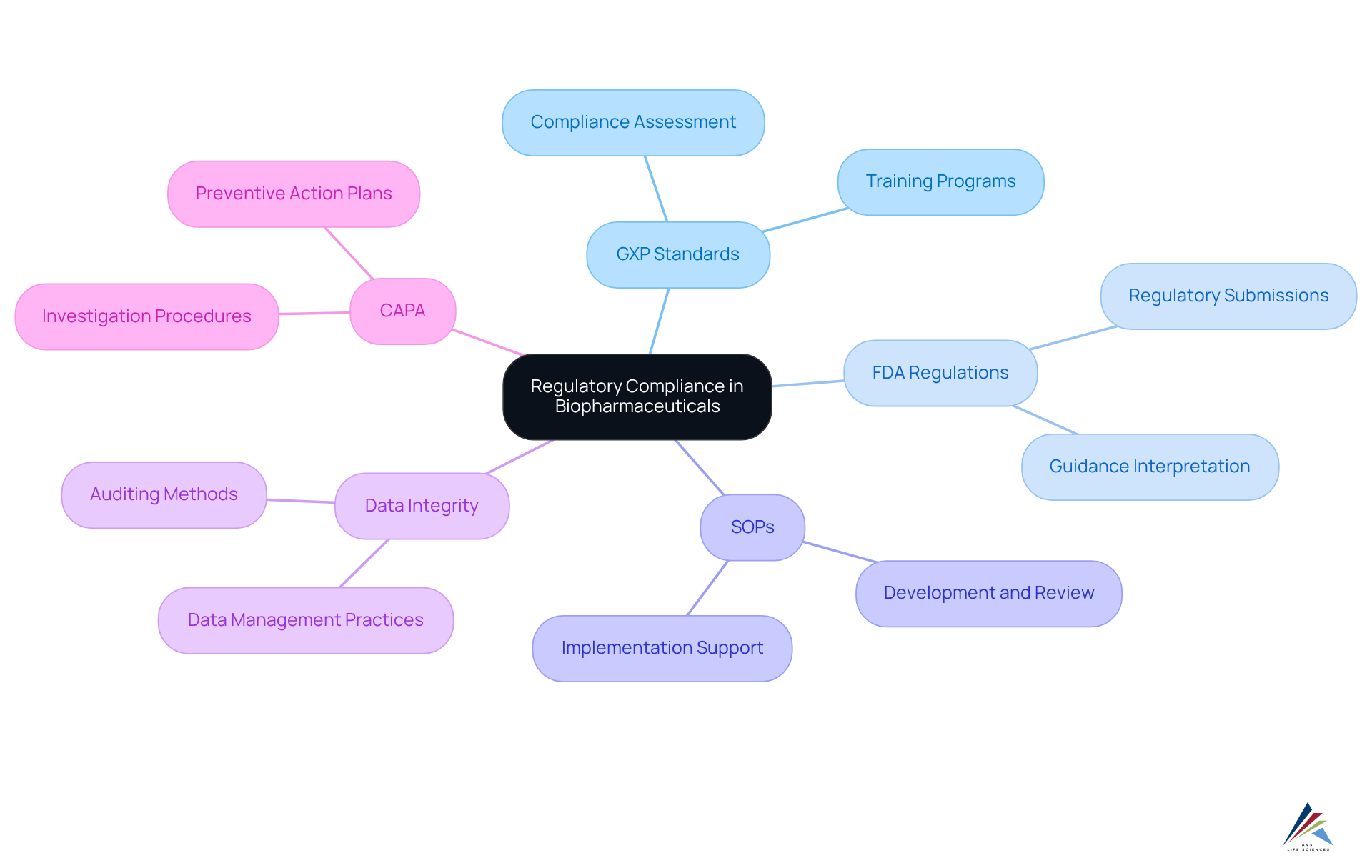 The center represents the main focus on regulatory compliance, while branches show the different areas of expertise and services that support achieving compliance excellence in the industry.