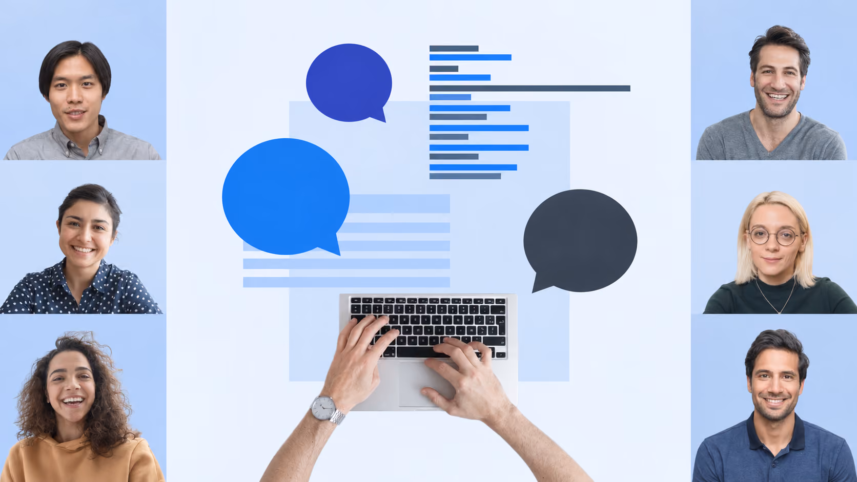 Person typing on a laptop, surrounded by six interview participants, speech bubbles and transcript lines
