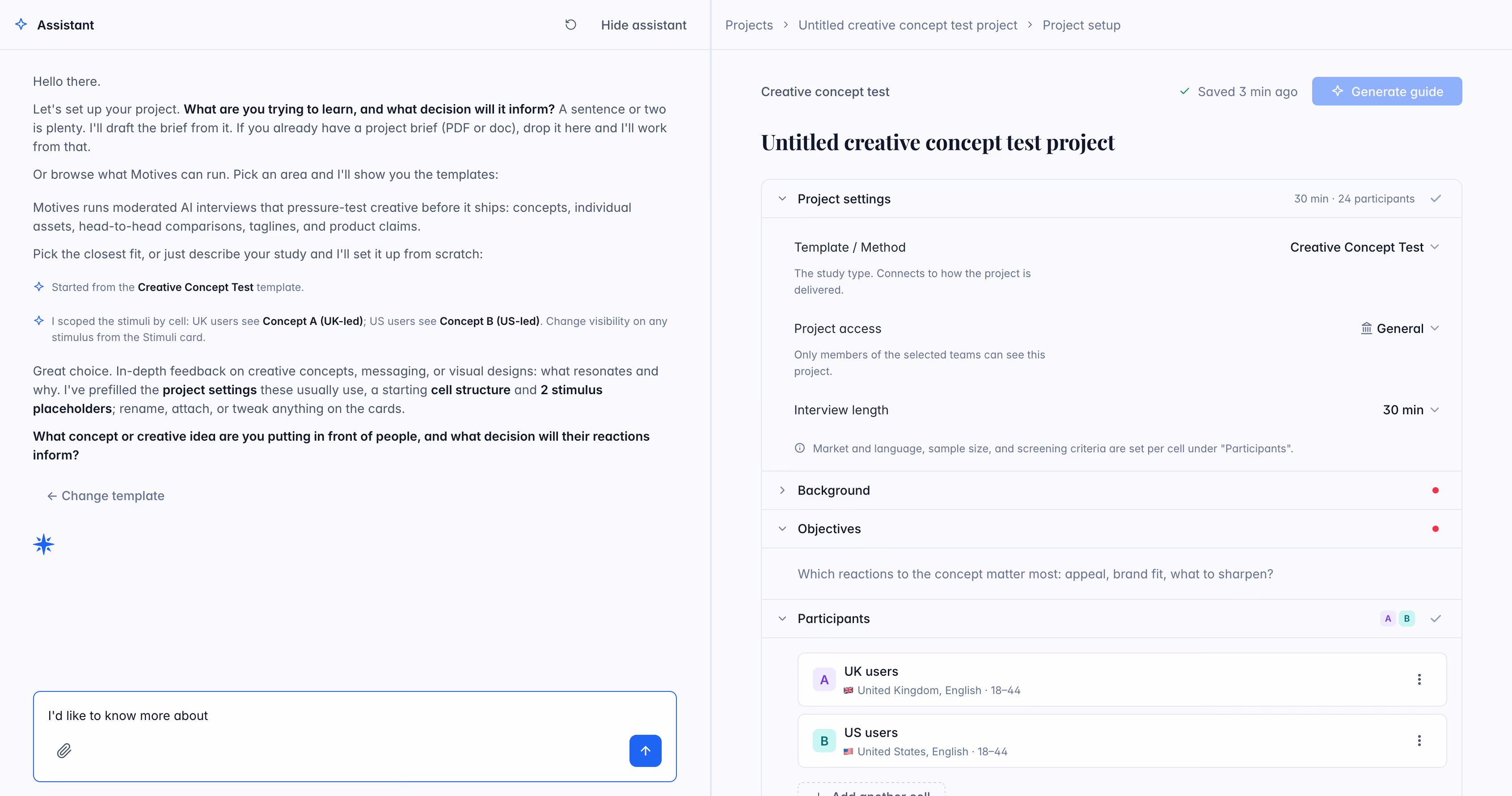 Screenshot of a project setup interface for a creative concept test project with sections for project settings, background, objectives, and participants segmented into UK and US users, alongside an AI assistant chat window providing guidance on setting up the project.