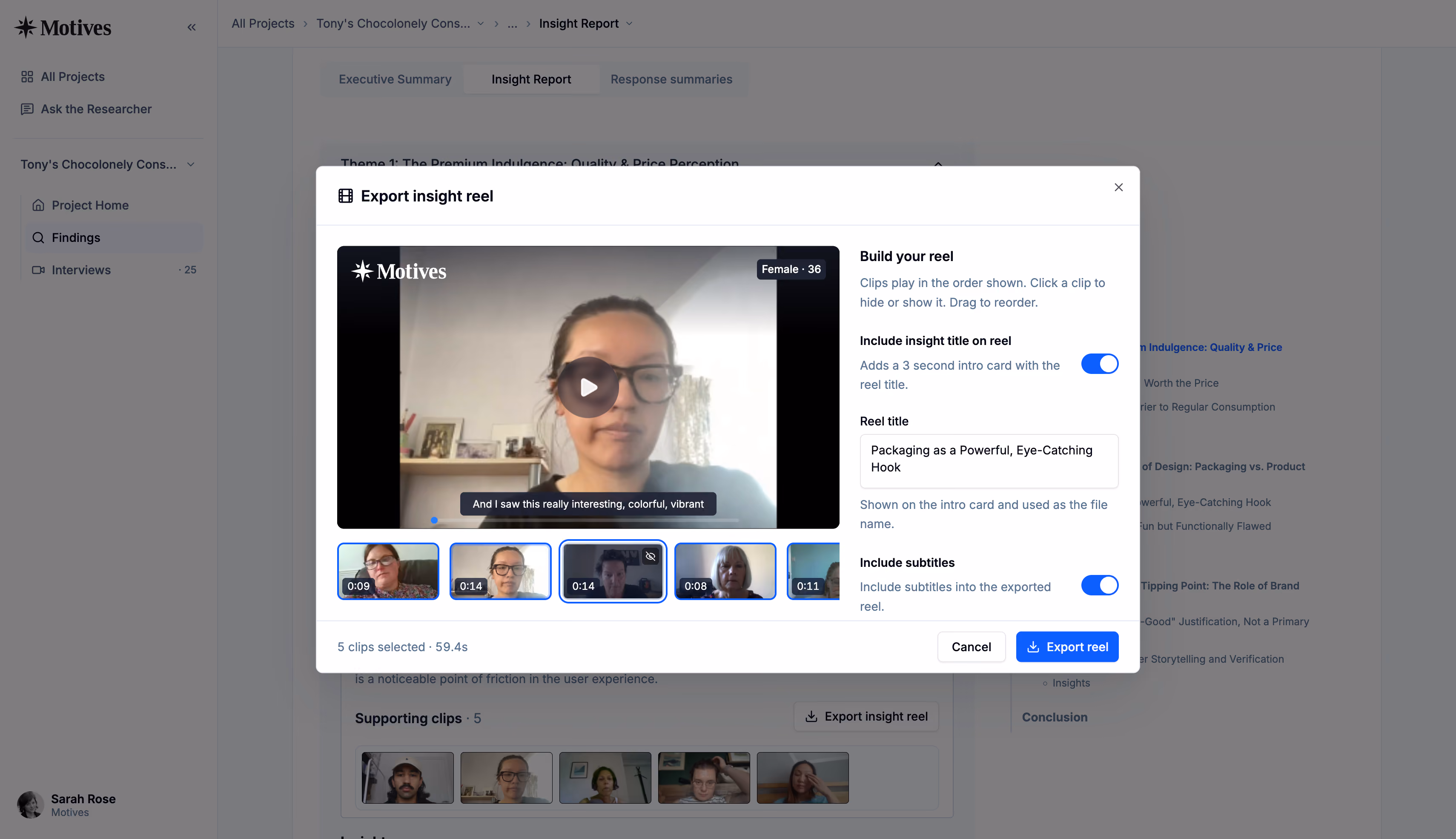 Screenshot of a software interface showing an 'Export insight reel' window with video clips of people speaking, options to include the insight title and subtitles, and a reel title input box labeled 'Packaging as a Powerful, Eye-Catching Hook.' There are five video clips selected, totaling 59.4 seconds, with buttons to cancel or export the reel at the bottom.