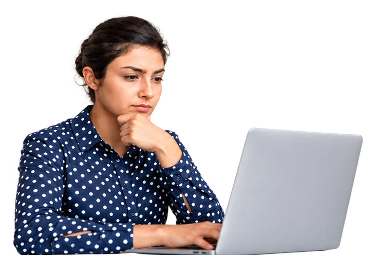 Woman thinking through a research question at her laptop