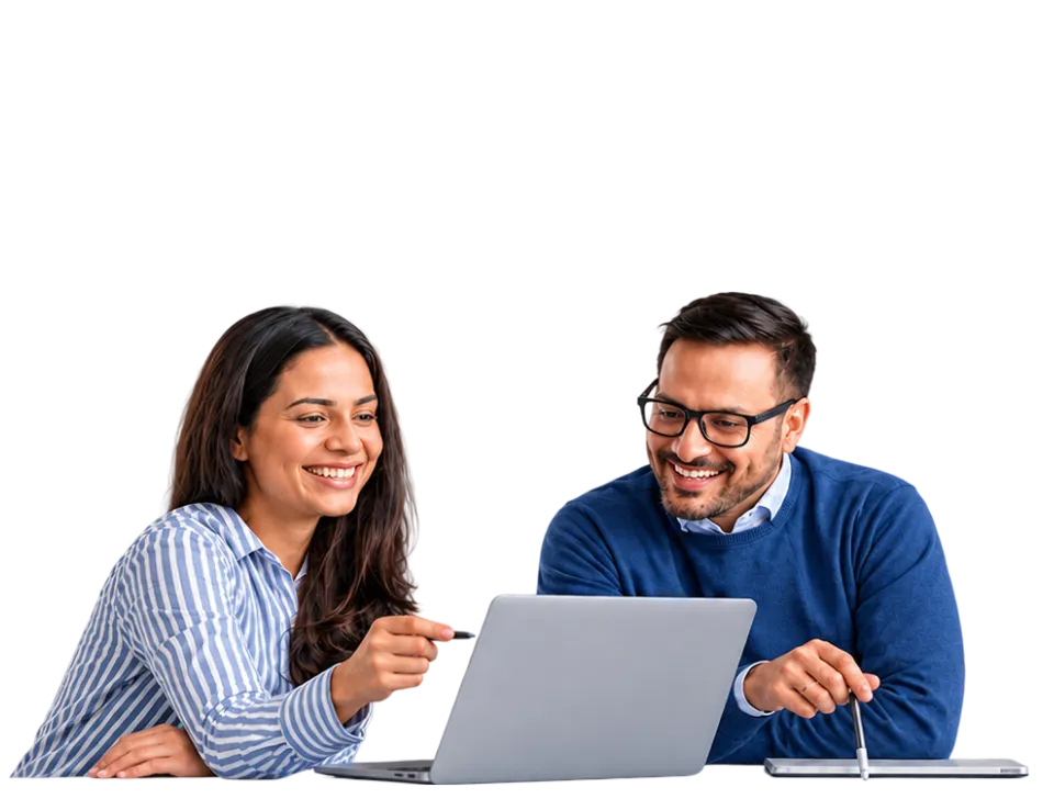 Two colleagues reviewing research findings on a laptop