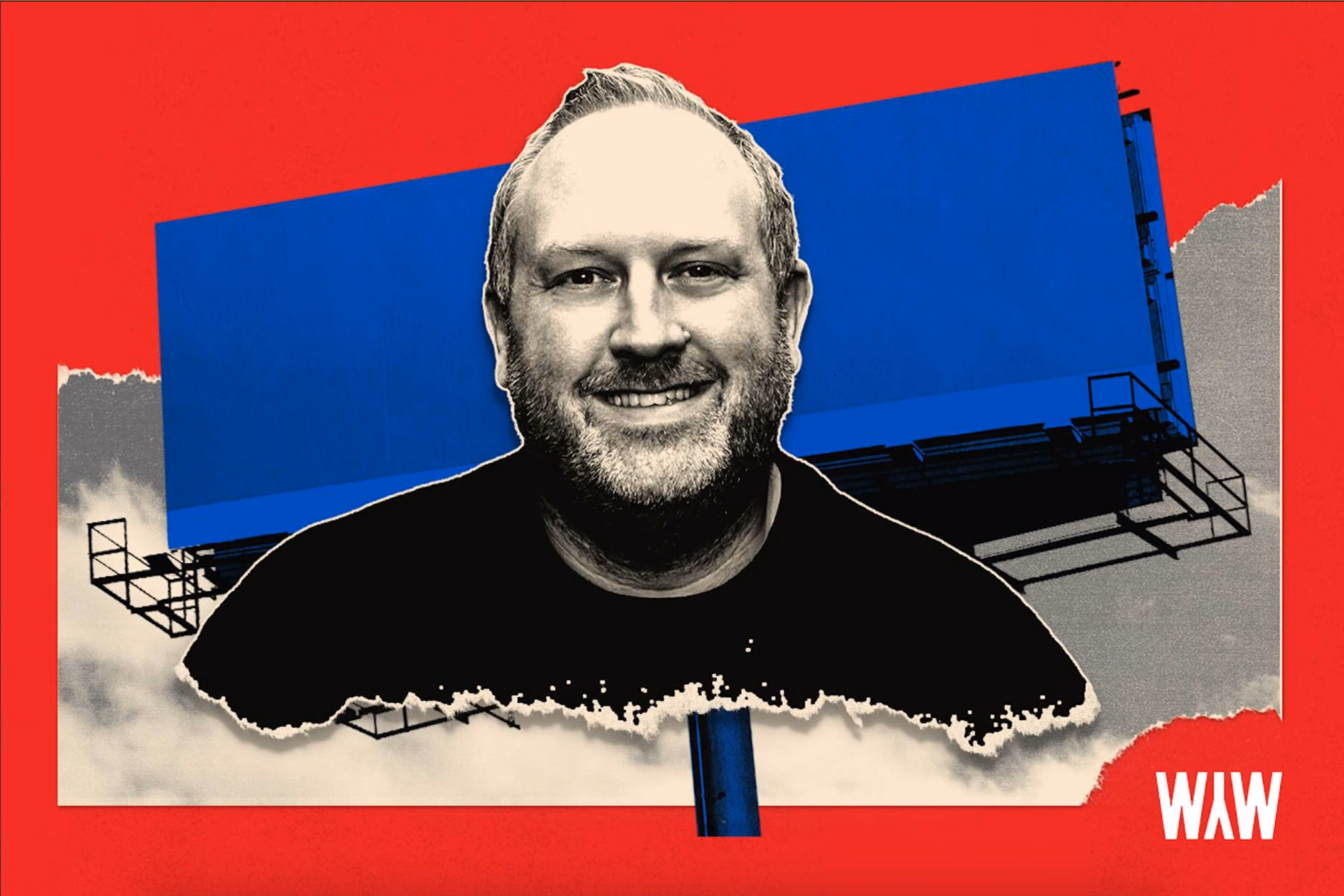 Collage of a smiling bearded man in front of a billboard on a red background