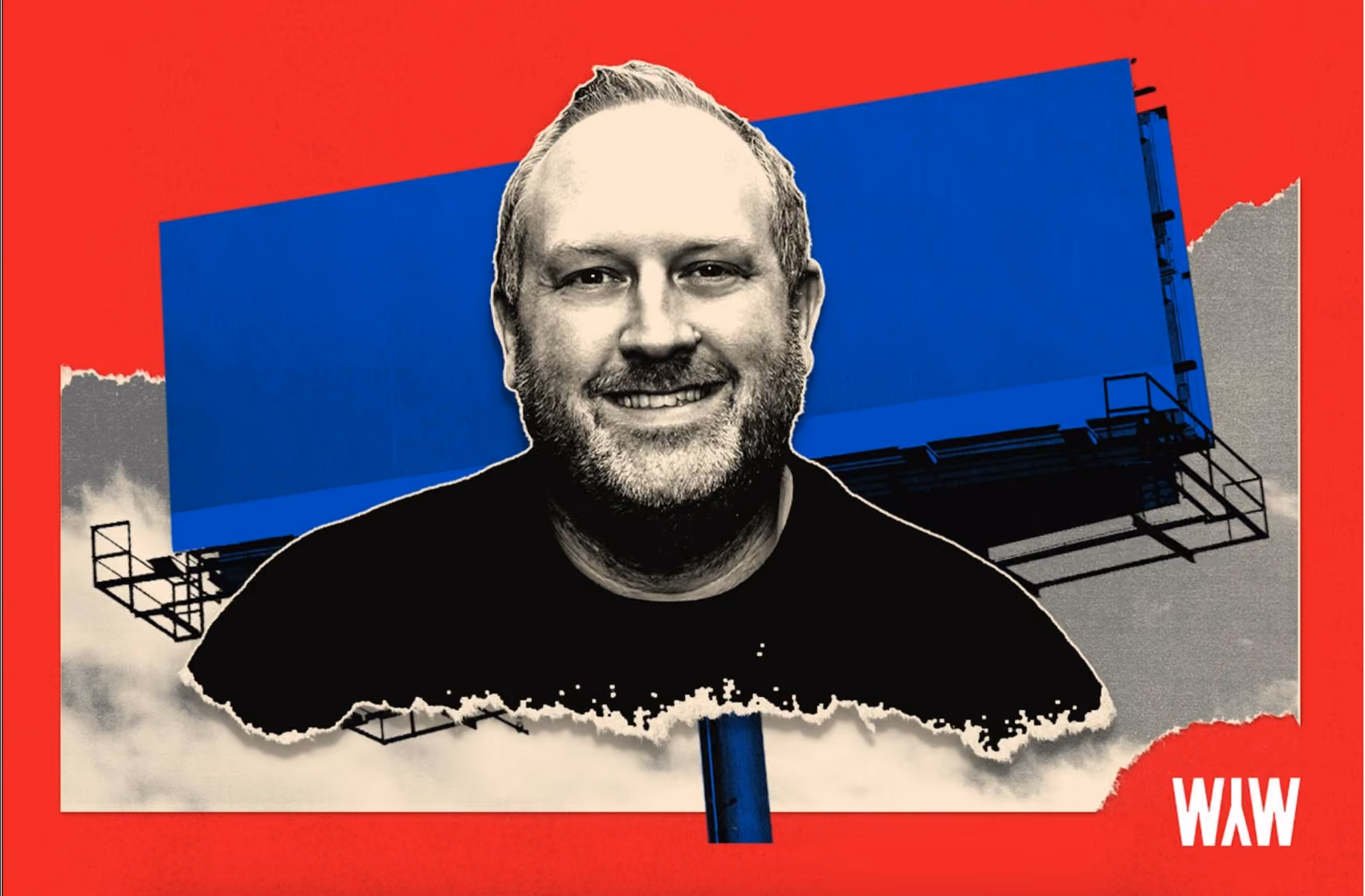 Collage of a smiling bearded man in front of a billboard on a red background