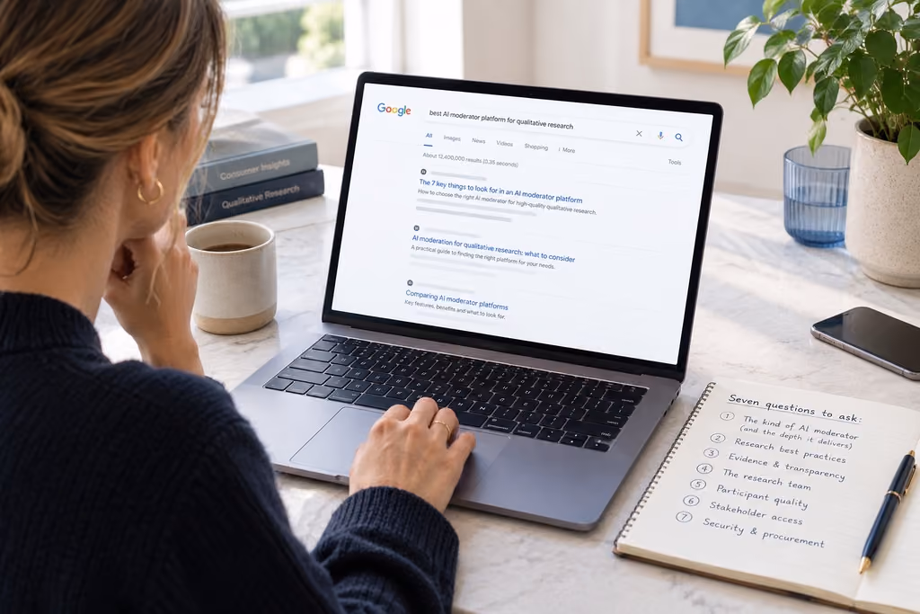 Person at a laptop with a handwritten checklist of questions beside it