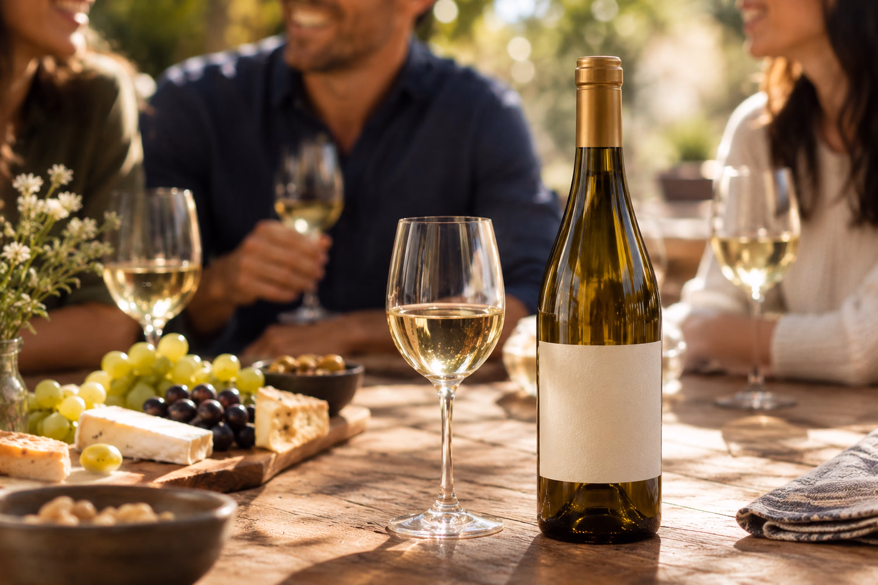 Friends sharing white wine, grapes and cheese at an outdoor table