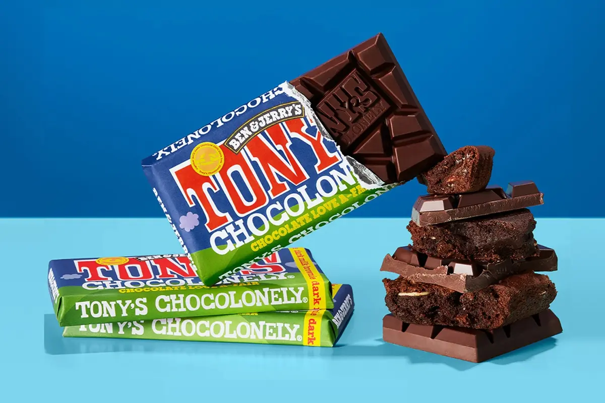 Tony’s Chocolonely bars, wrapped and broken into chunks