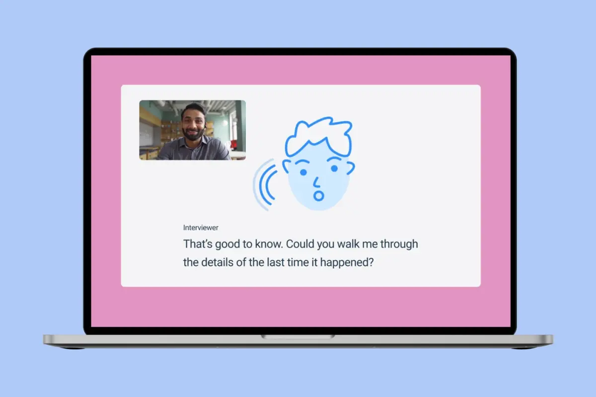 Laptop showing a video call between a participant and the illustrated Motives AI interviewer