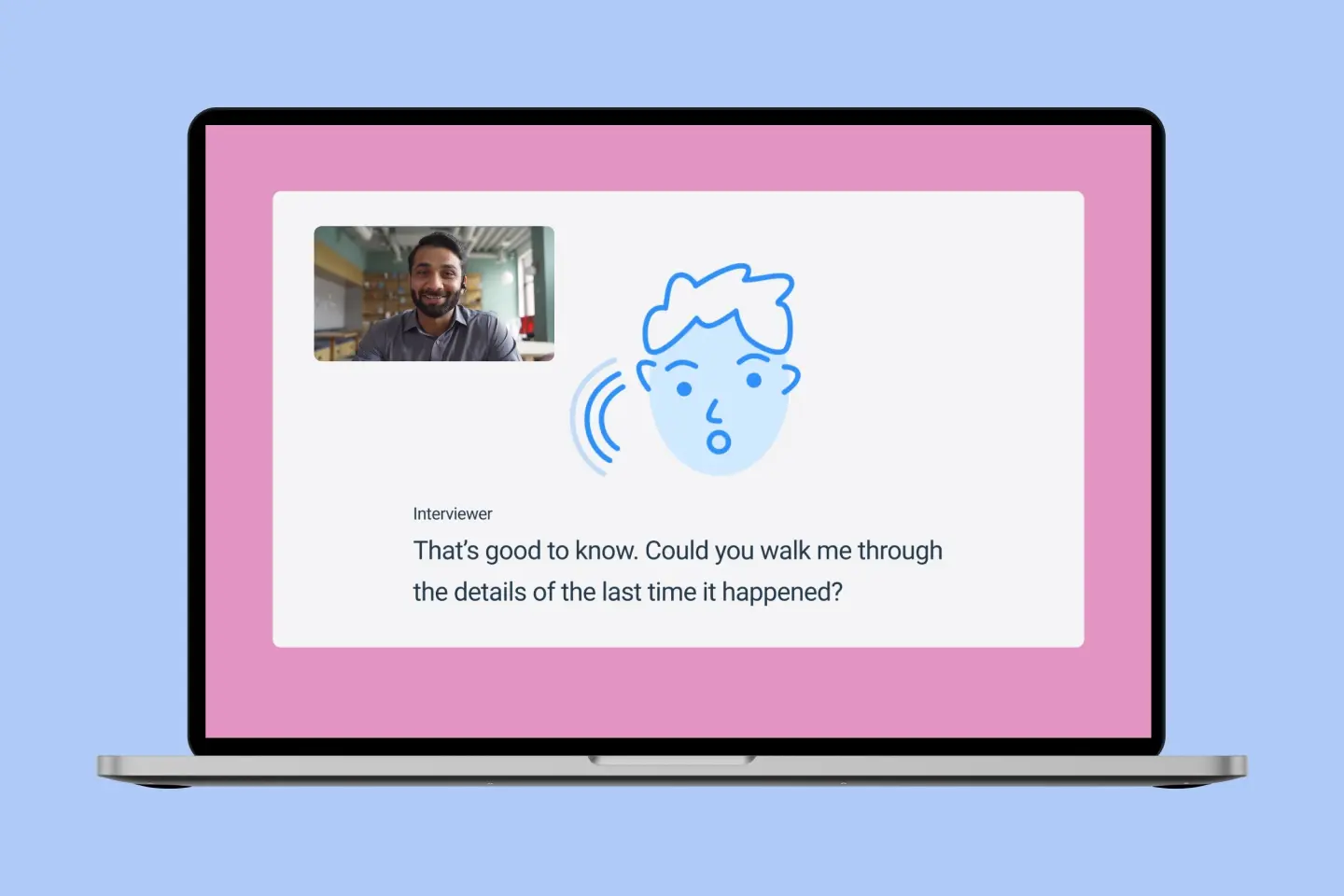 Laptop showing a video call between a participant and the illustrated Motives AI interviewer