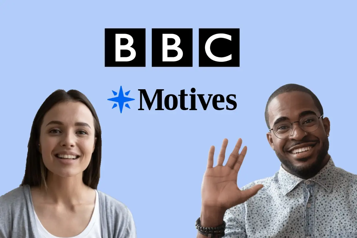 BBC and Motives logos between two smiling people, one of them waving