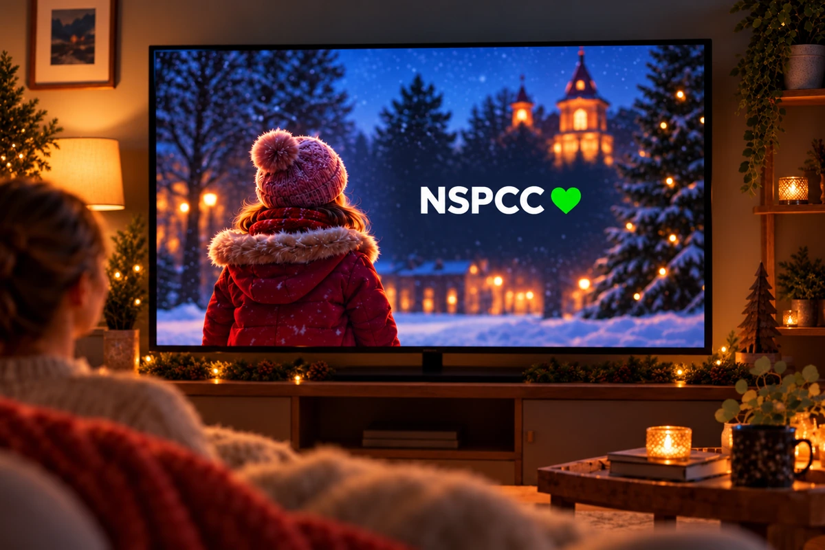 Person in a cosy, candlelit living room watching a TV showing the NSPCC logo beside a child in a red coat looking out at a snowy, lamp-lit village