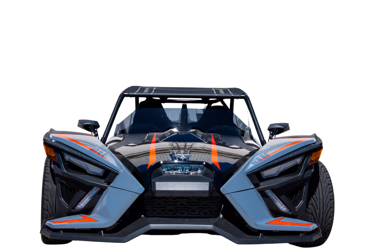 A mockup of a blue Polaris Slingshot, available to rent in Houston 
