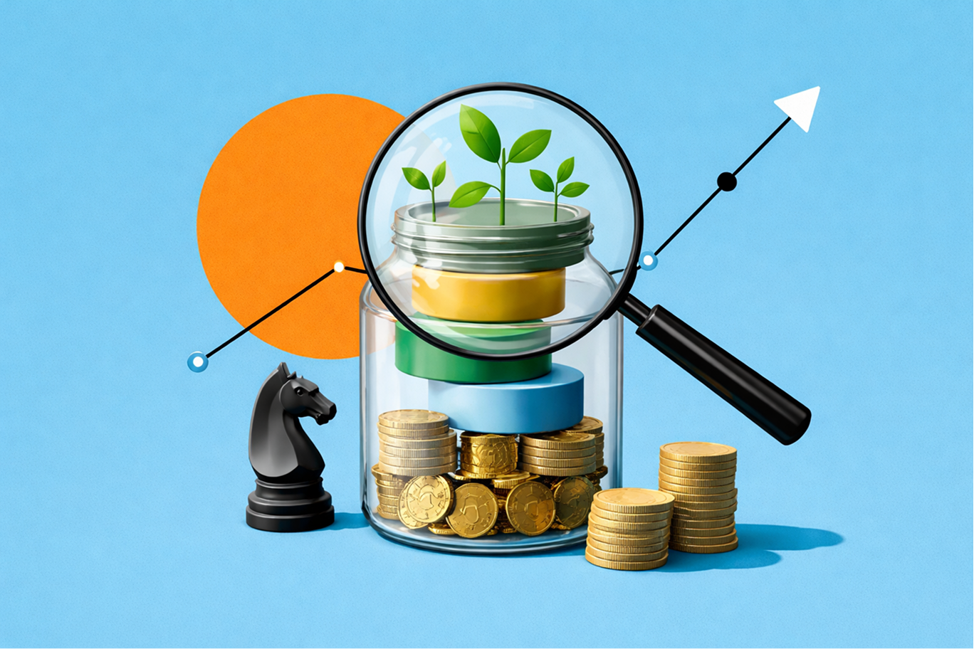 Magnifying glass analysing plant growing from coins representing smart investment portfolio building aligned to personal goals
