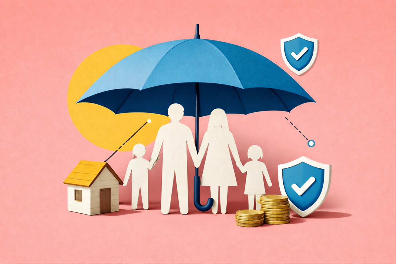Blue umbrella protecting family with security shield illustration representing life insurance advice for family protection
