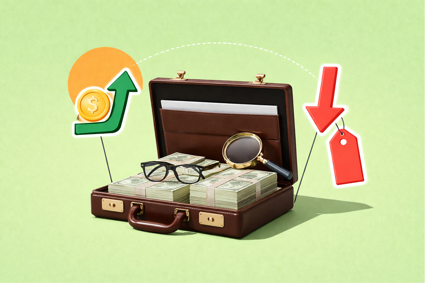 Warren Buffett portfolio briefcase with money and stock market arrows illustrating quarterly trade activity
