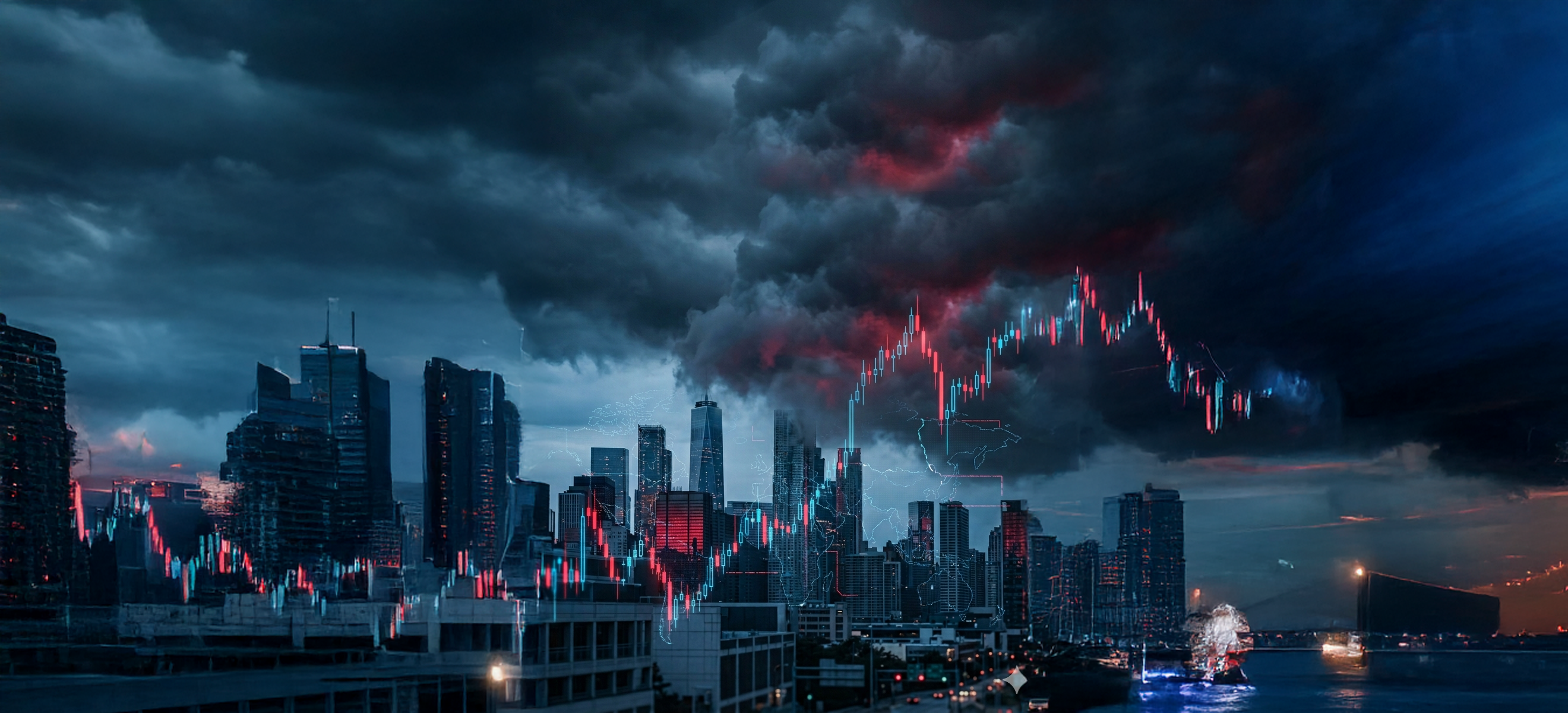 New York City skyline with stock market charts overlay representing market volatility and geopolitical risk