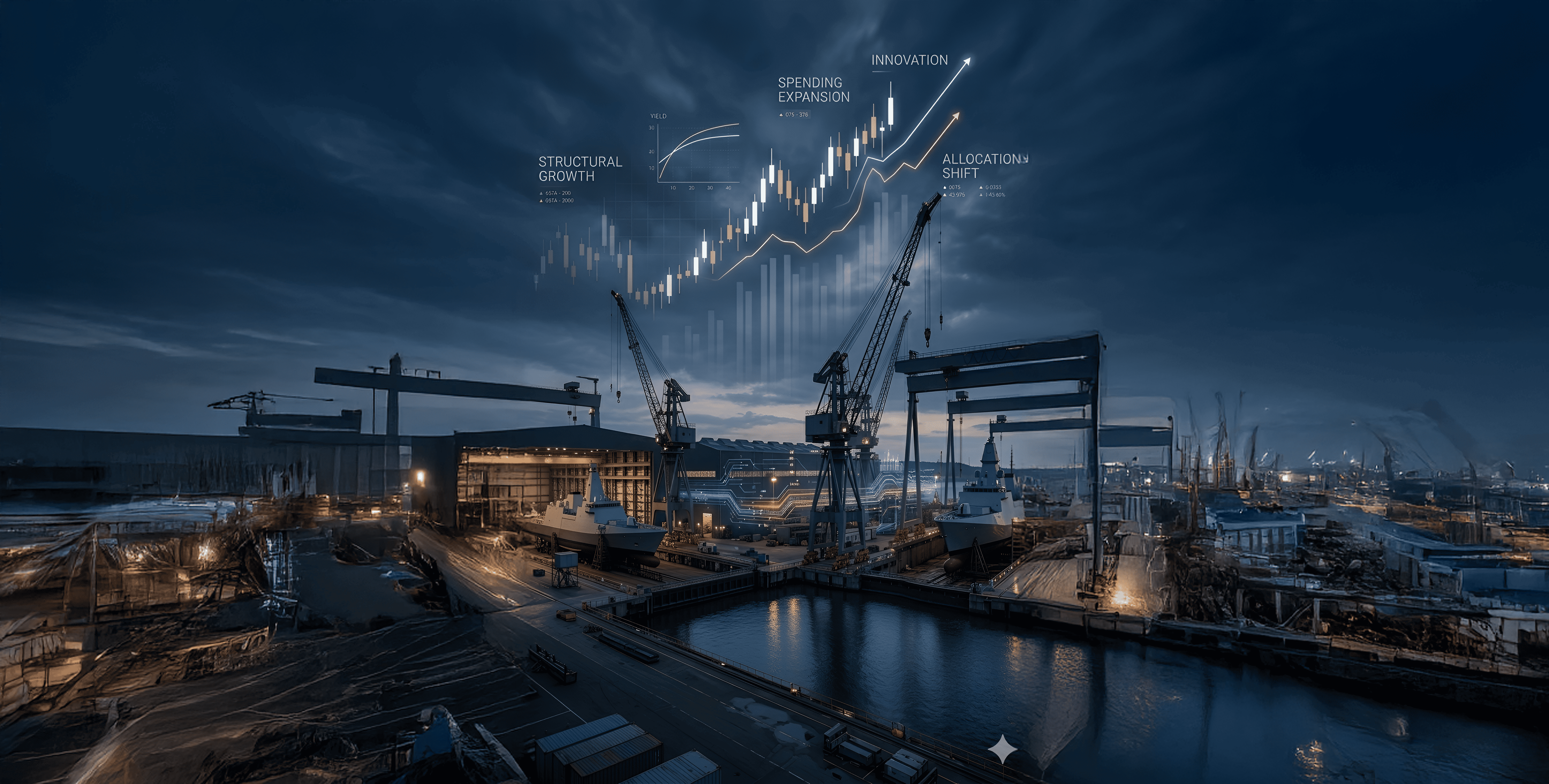 Shipyard cranes with stock market charts overlay symbolizing defence and technology investment opportunities