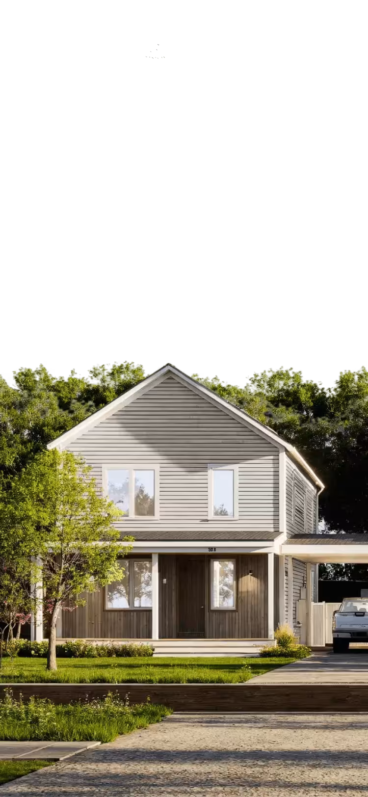 Two-story modern house with wood and gray siding, front porch, trees, and a white pickup truck parked nearby.