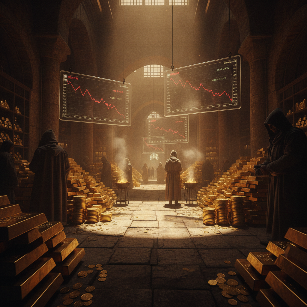 Goldbarren auf dunklem Hintergrund mit fallendem Kursdiagramm