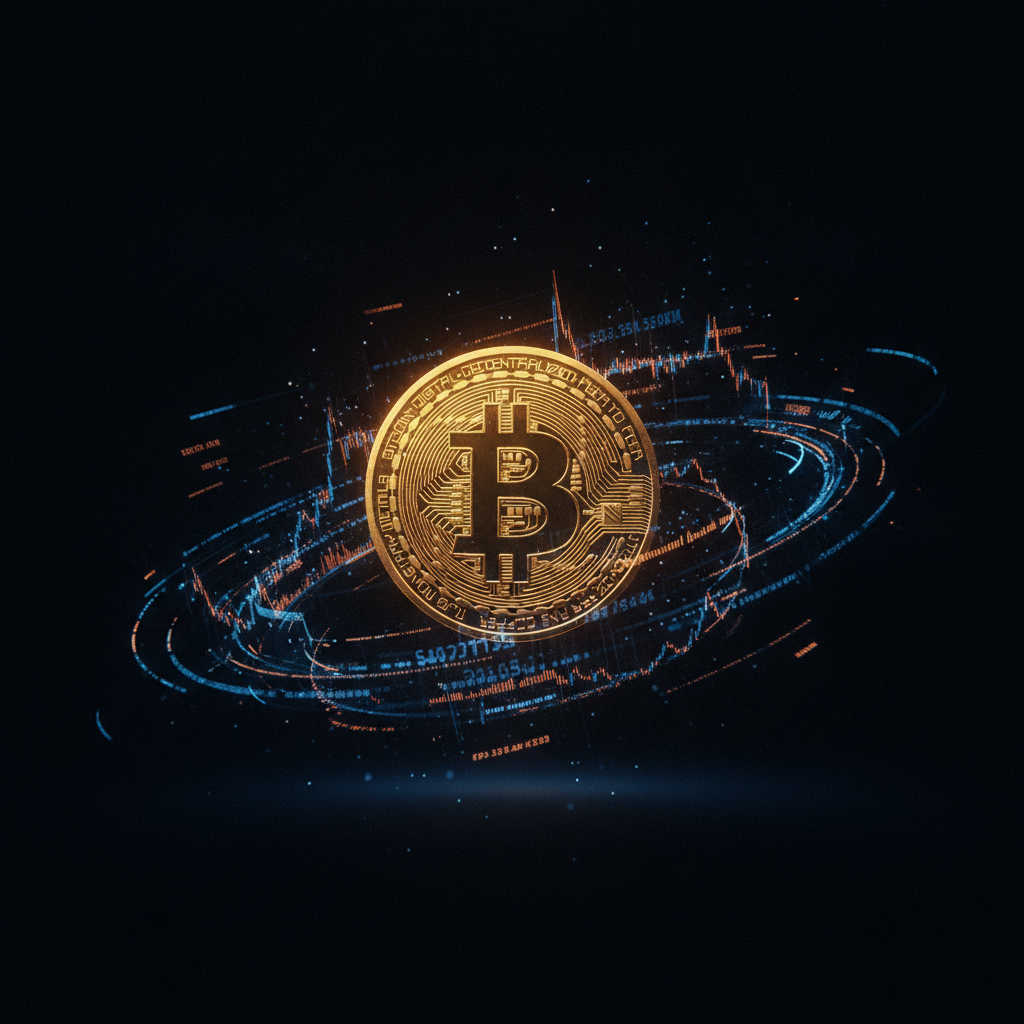 Bitcoin Goldmünze vor dunklem Hintergrund mit Kursdiagramm