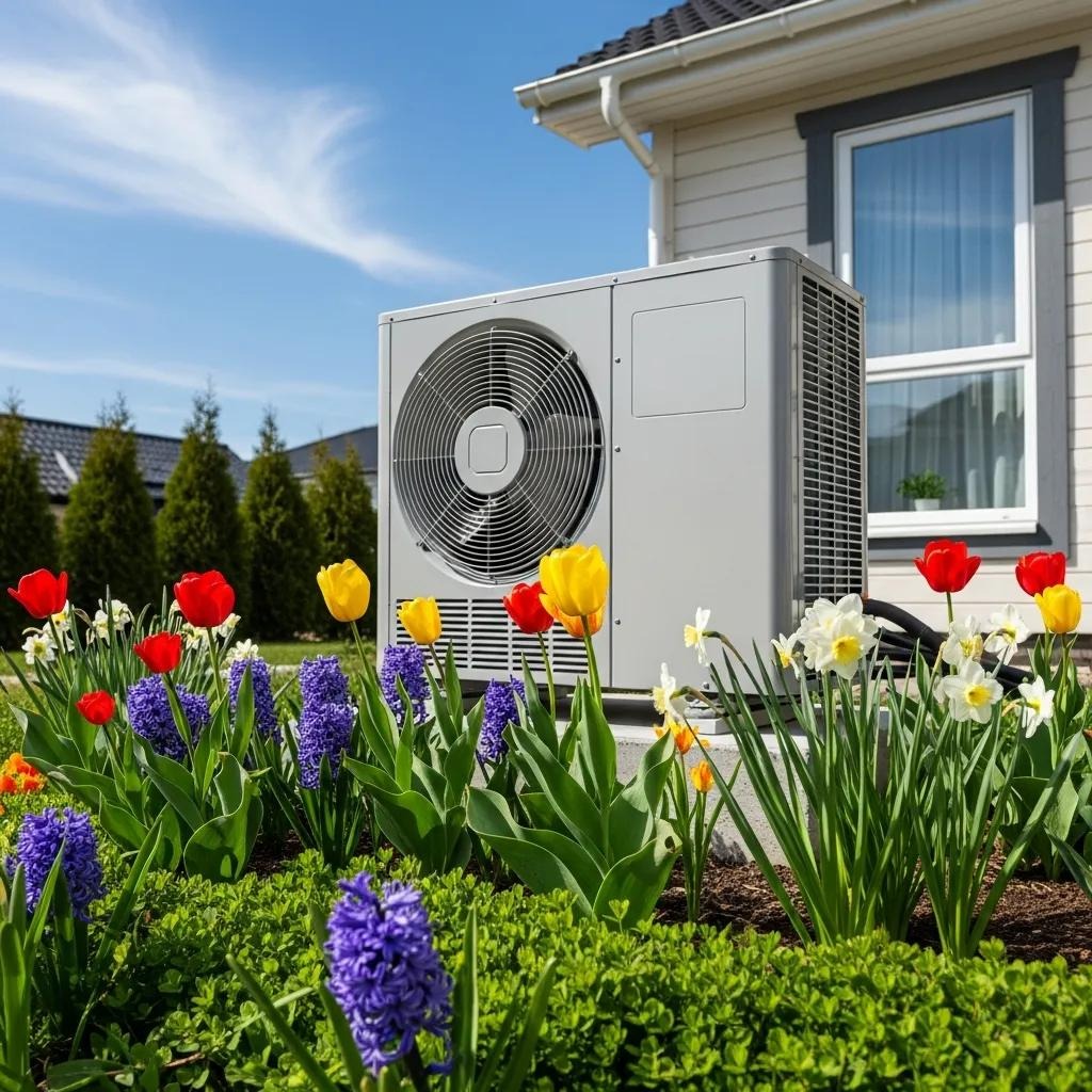 Air conditioning unit in a spring setting with flowers and greenery, symbolizing seasonal preparation