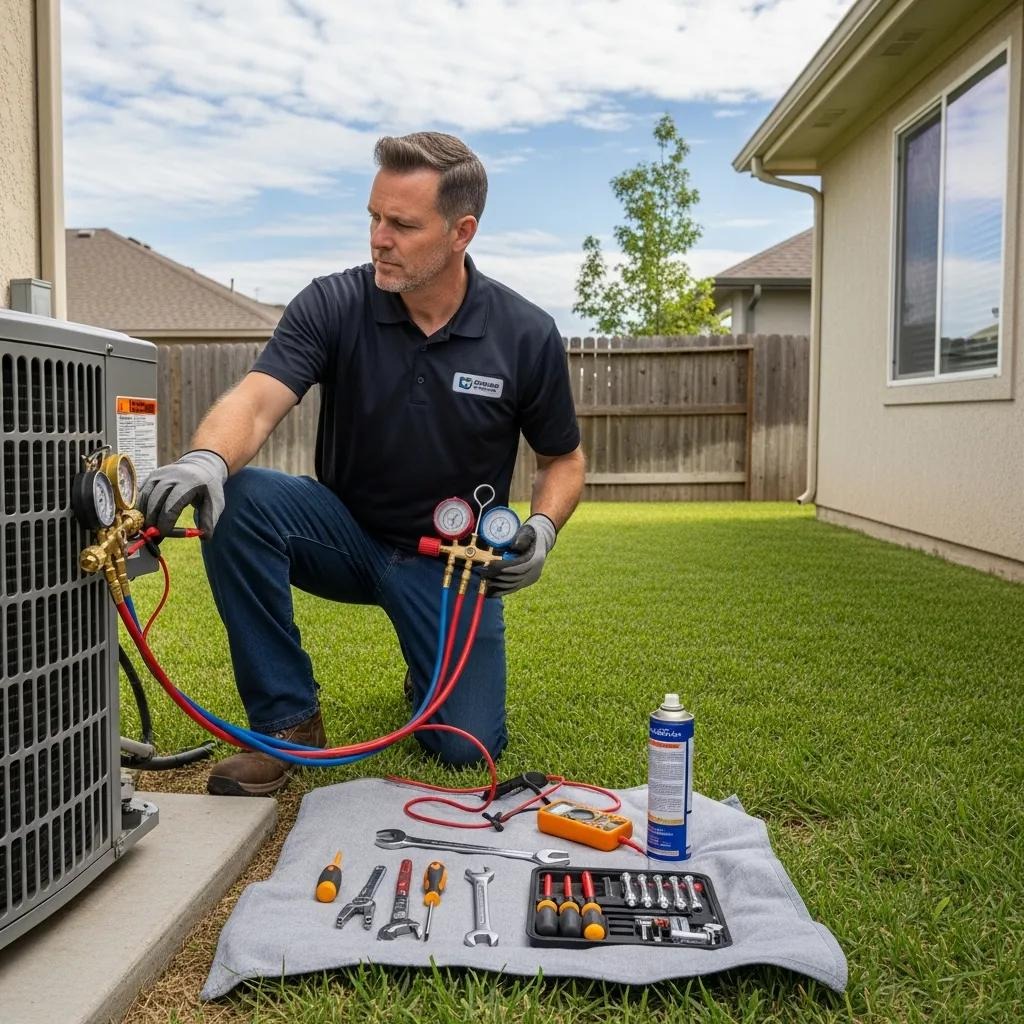 HVAC technician conducting a professional tune-up on an air conditioning unit, illustrating recommended services