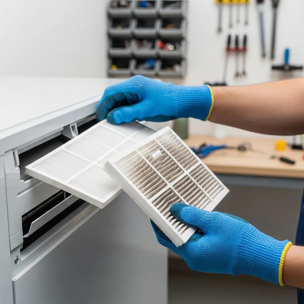 Person replacing an air filter in an air conditioning unit, highlighting essential maintenance tasks