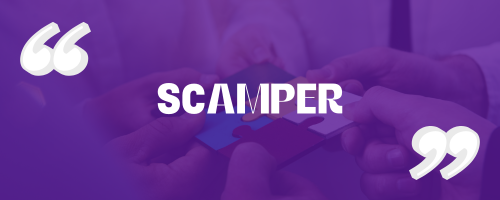 Fond : 6 personnes assembles un puzzle de couleur
Texte : SCAMPER