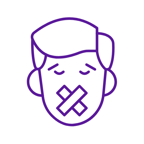 Purple line drawing of a person's face with closed eyes and mouth covered by crossed tape strips.