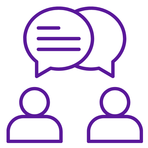 Purple line icon of two people with overlapping speech bubbles above them.