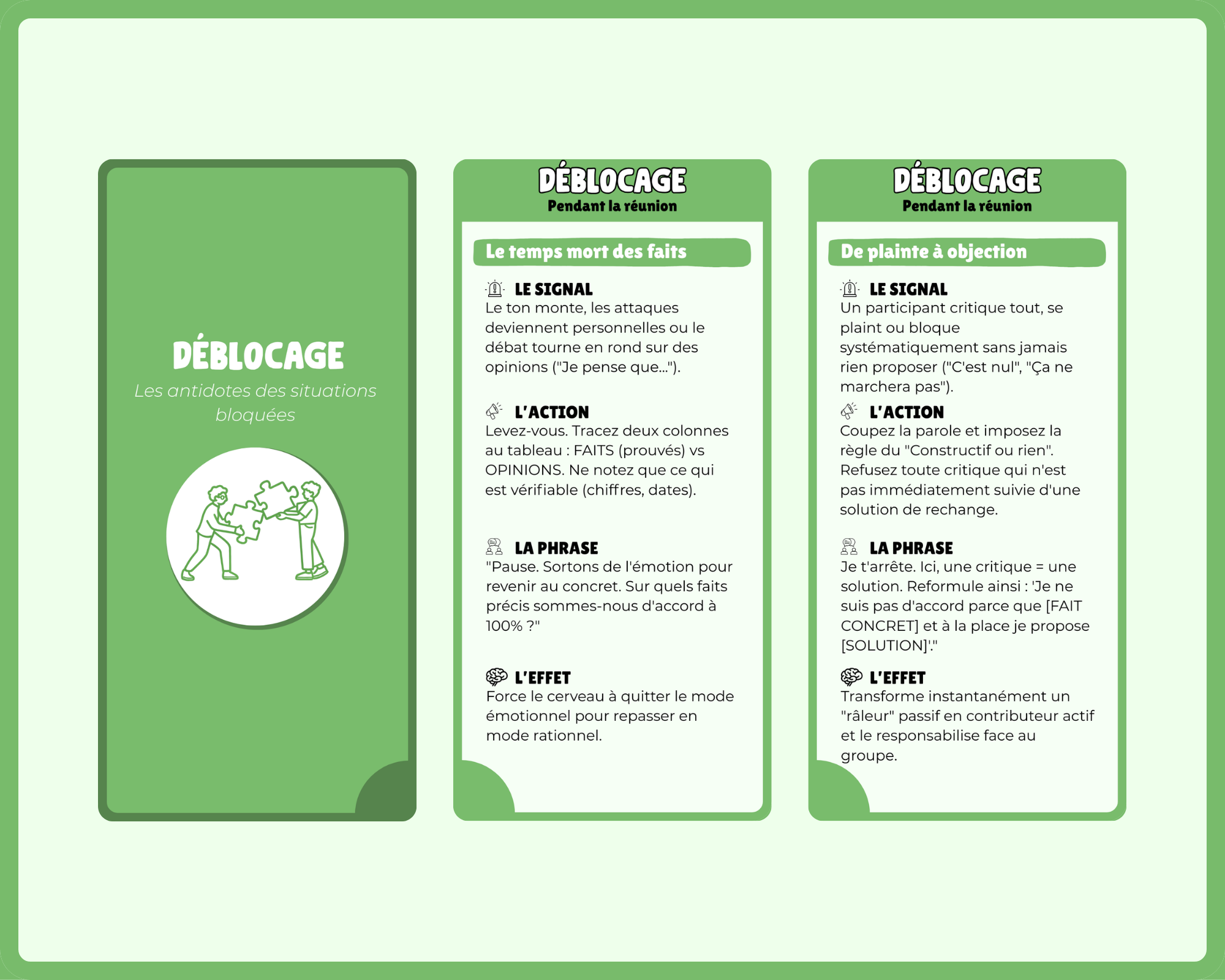 Présentation du dos et de deux faces de cartes Déblocages de RéuniCure