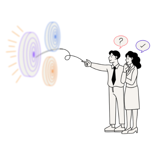 Un homme est une femme montrent la direction pour atteindr 3 cibles floues qui représentent des objectifs flous.