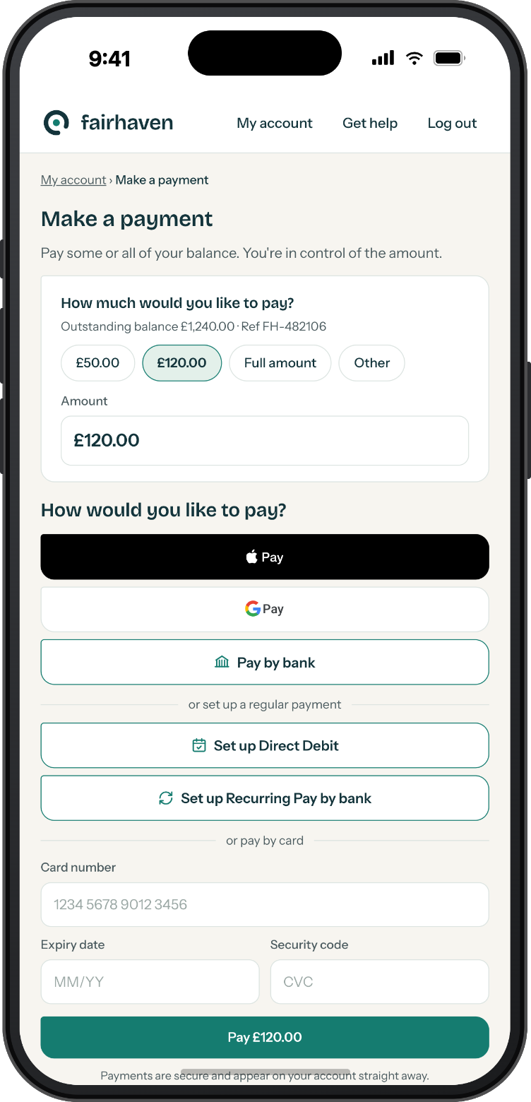 The Flexys customer portal on a mobile phone, with a customer setting up a payment plan